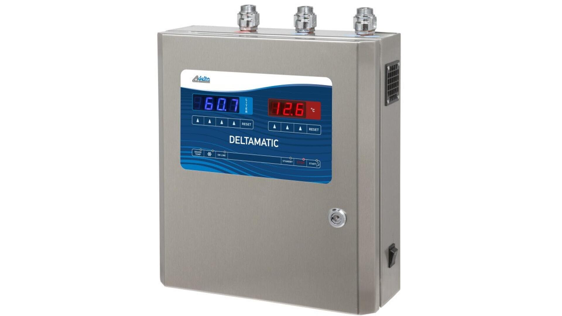 A stainless steel electronic control panel with digital displays showing numbers, labeled DELTAMATIC, and featuring three cable connectors on top.
