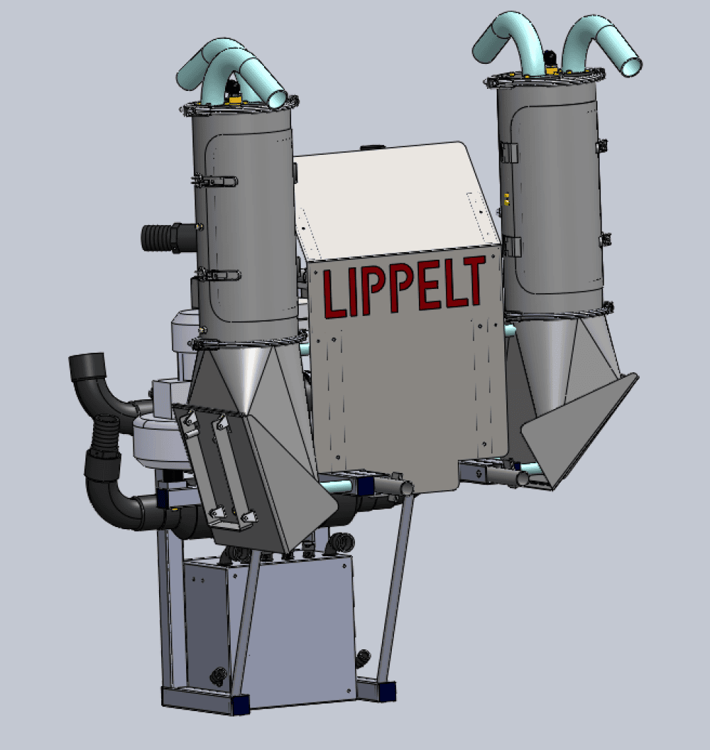Industriemaschine mit zwei hohen zylindrischen Filtern, auf der Mittelplatte rot mit LIPPELT beschriftet, verschiedenen Rohren, Kanälen und einem Metallrahmen, aus einem Winkel vor einem schlichten Hintergrund betrachtet.