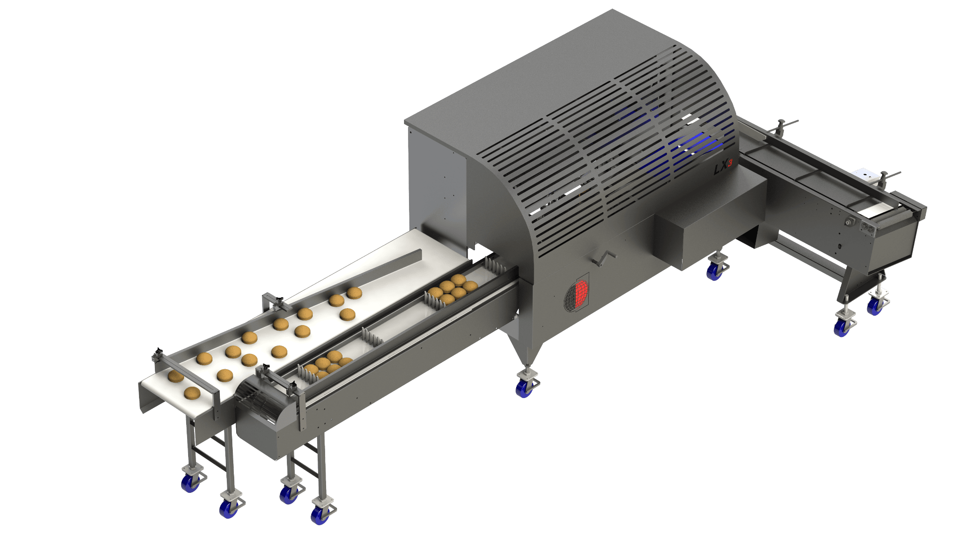 A metal industrial food processing machine with a conveyor belt, transporting round brown items, likely baked goods, through a covered section and onto an output tray. The machine has blue caster wheels for mobility.