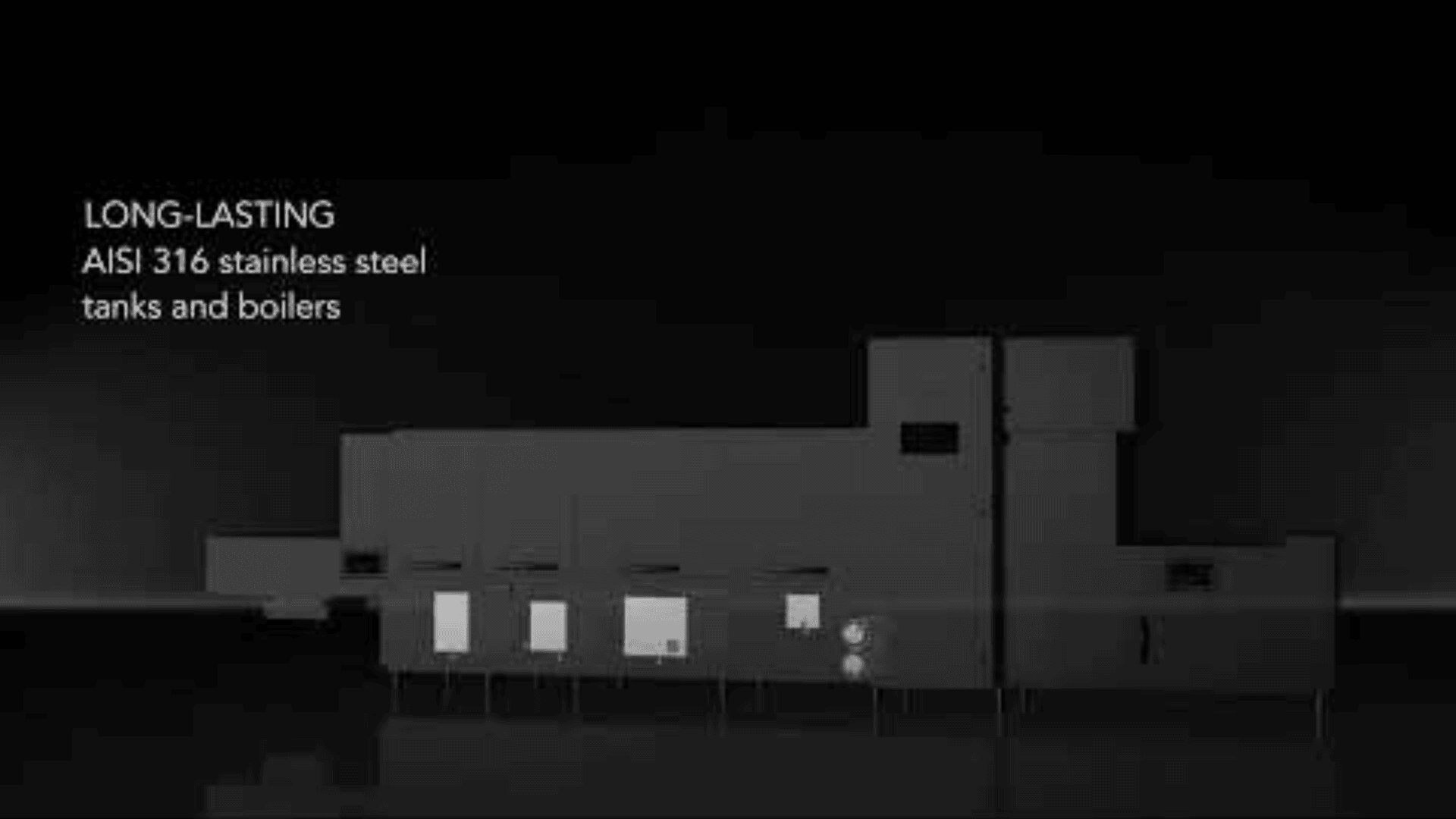 A dark industrial machine is shown on a black background, with the text “DURABLE tanks and boilers made of stainless steel AISI 316” on the left.