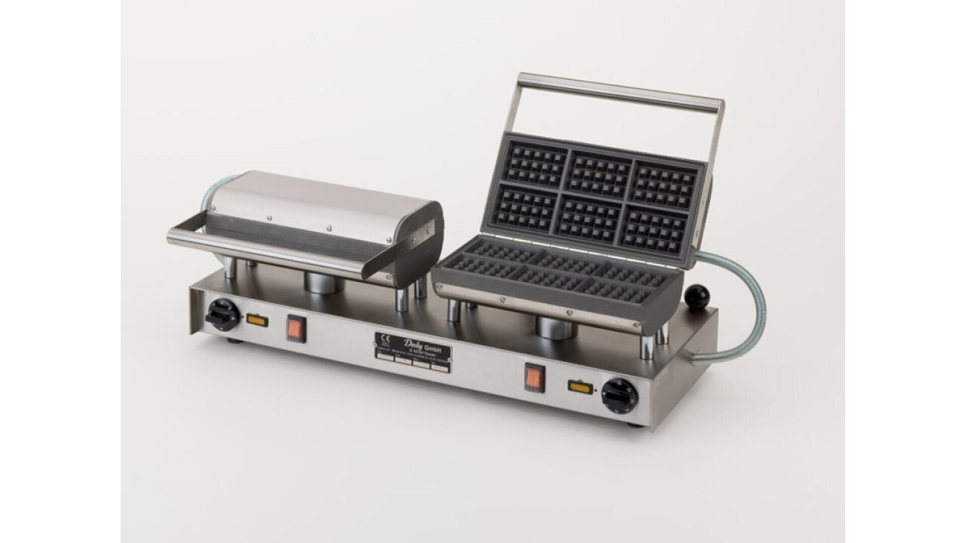 A stainless steel commercial waffle maker with two cooking plates, built-in temperature controls, indicator lights, and one open lid showing the waffle grid pattern. The appliance is placed on a white background.