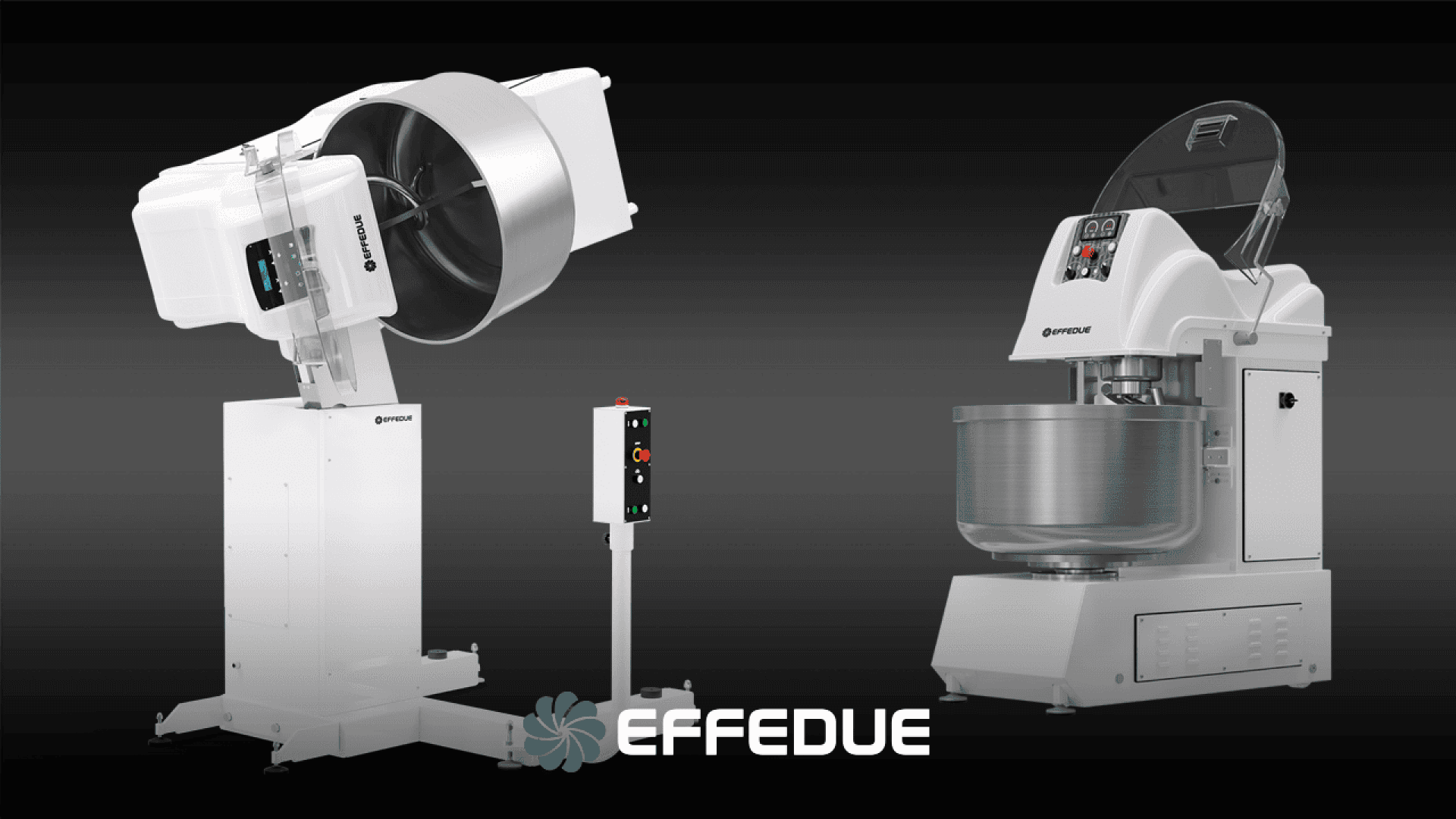 Two industrial mixing machines are displayed against a dark gradient background, with the EFFEDUE logo centered below them. One mixer is tilted upwards, and the other stands upright with a digital control panel.