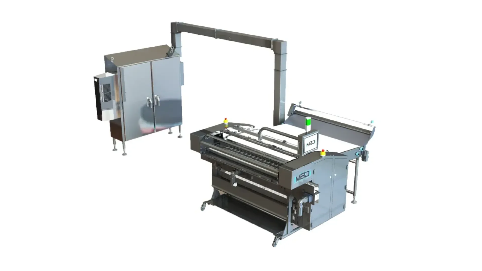 A large industrial food processing machine with a control cabinet connected by an overhead conduit, featuring rollers, buttons, and safety barriers, all set against a plain white background.