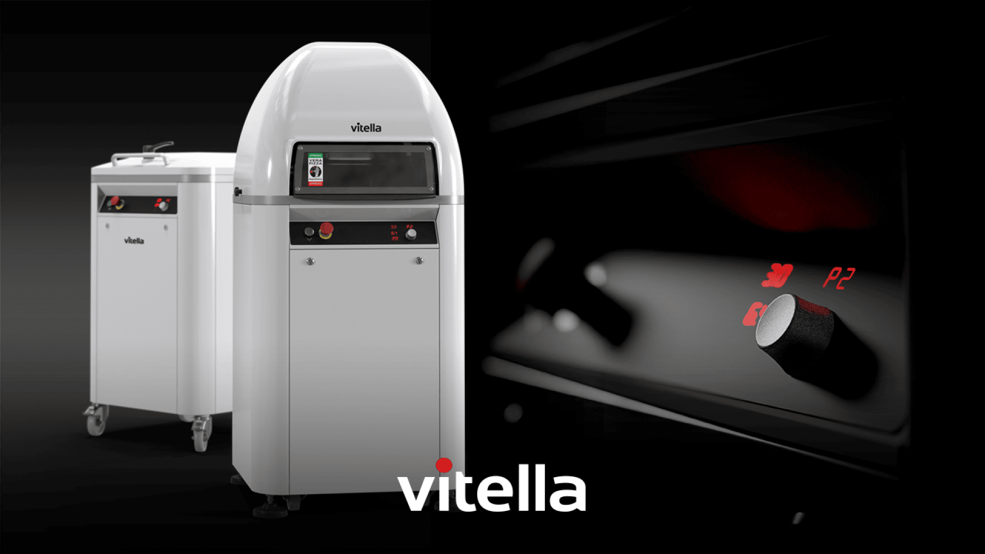 Two modern, industrial dough divider machines are shown on the left side, with the Vitella logo at the bottom center. On the right, a close-up of a control knob and illuminated panel is visible against a dark background.