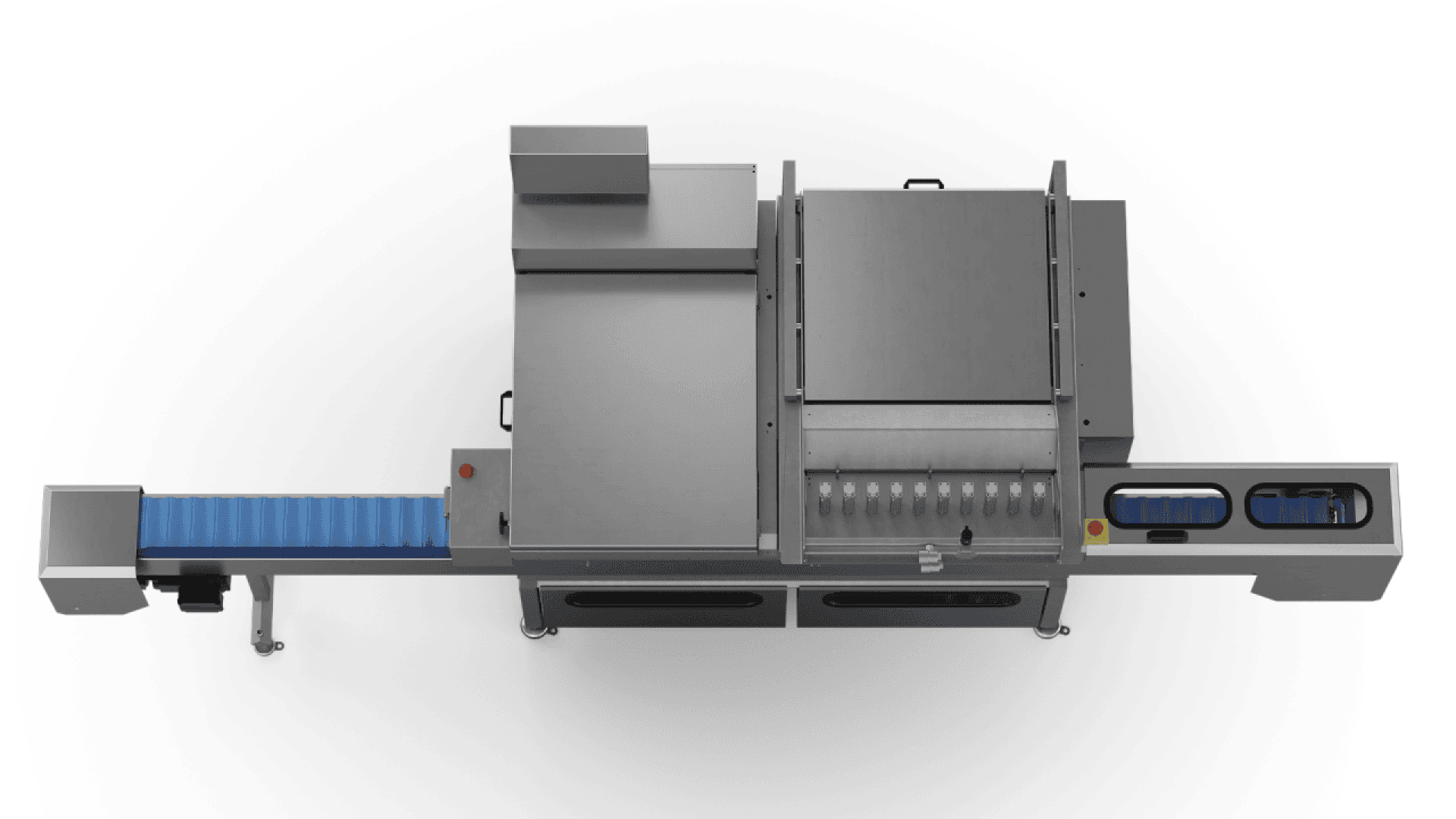 Overhead view of an industrial food processing machine with a blue conveyor belt on the left, several metallic compartments and covers, and control buttons on the right side.