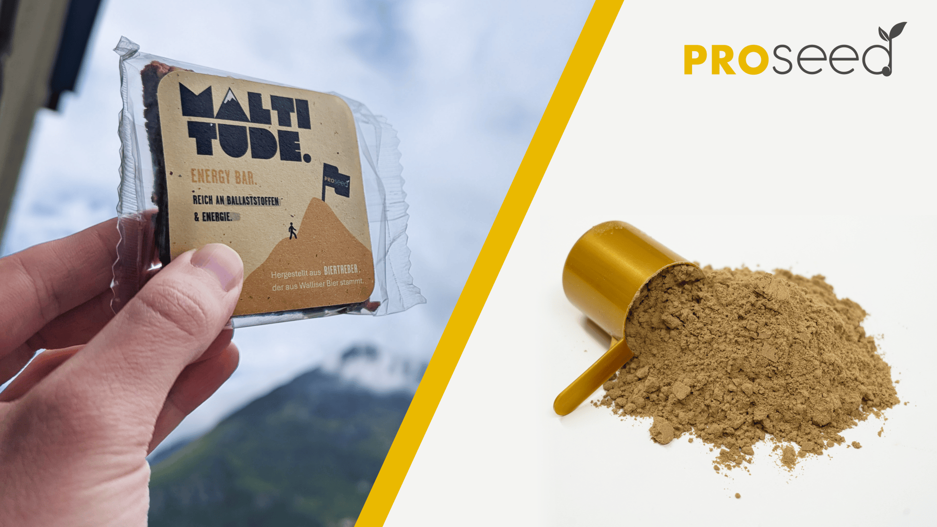 Links hält eine Hand im Freien einen MALTI TUBE-Energieriegel, rechts ergießt sich ein brauner Löffel Pulver auf eine weiße Fläche unter dem PROseed-Logo.