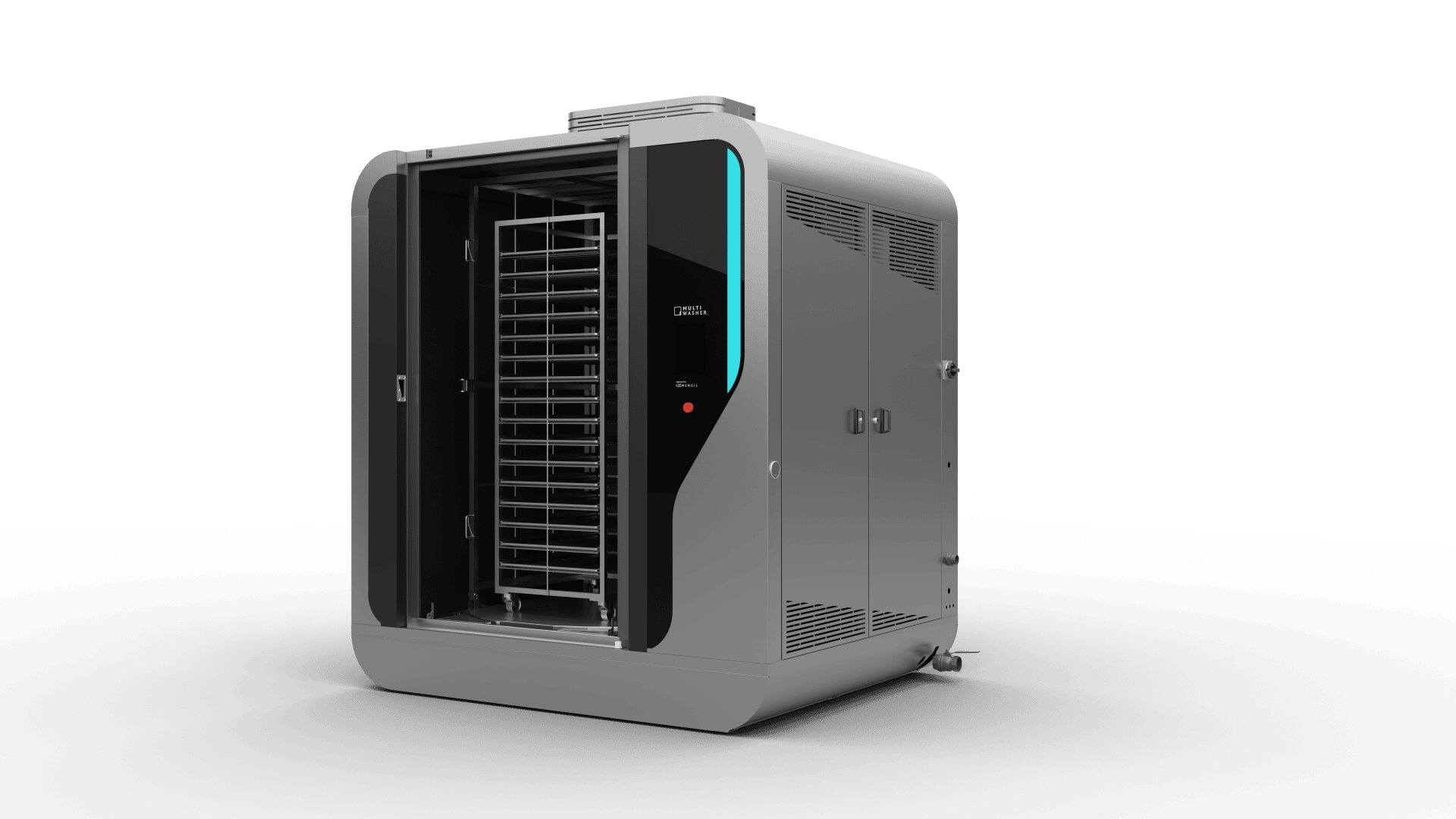 A sleek, modern industrial oven or sterilizer with a metallic finish, partially open door, and metal rack inside, set against a plain white background.