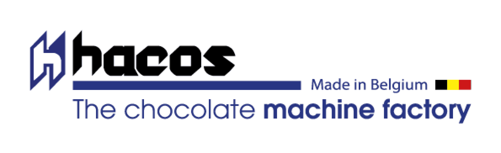 Logo for Hacos, a chocolate machine factory, with the tagline Made in Belgium and a small Belgian flag. The text reads: The chocolate machine factory.