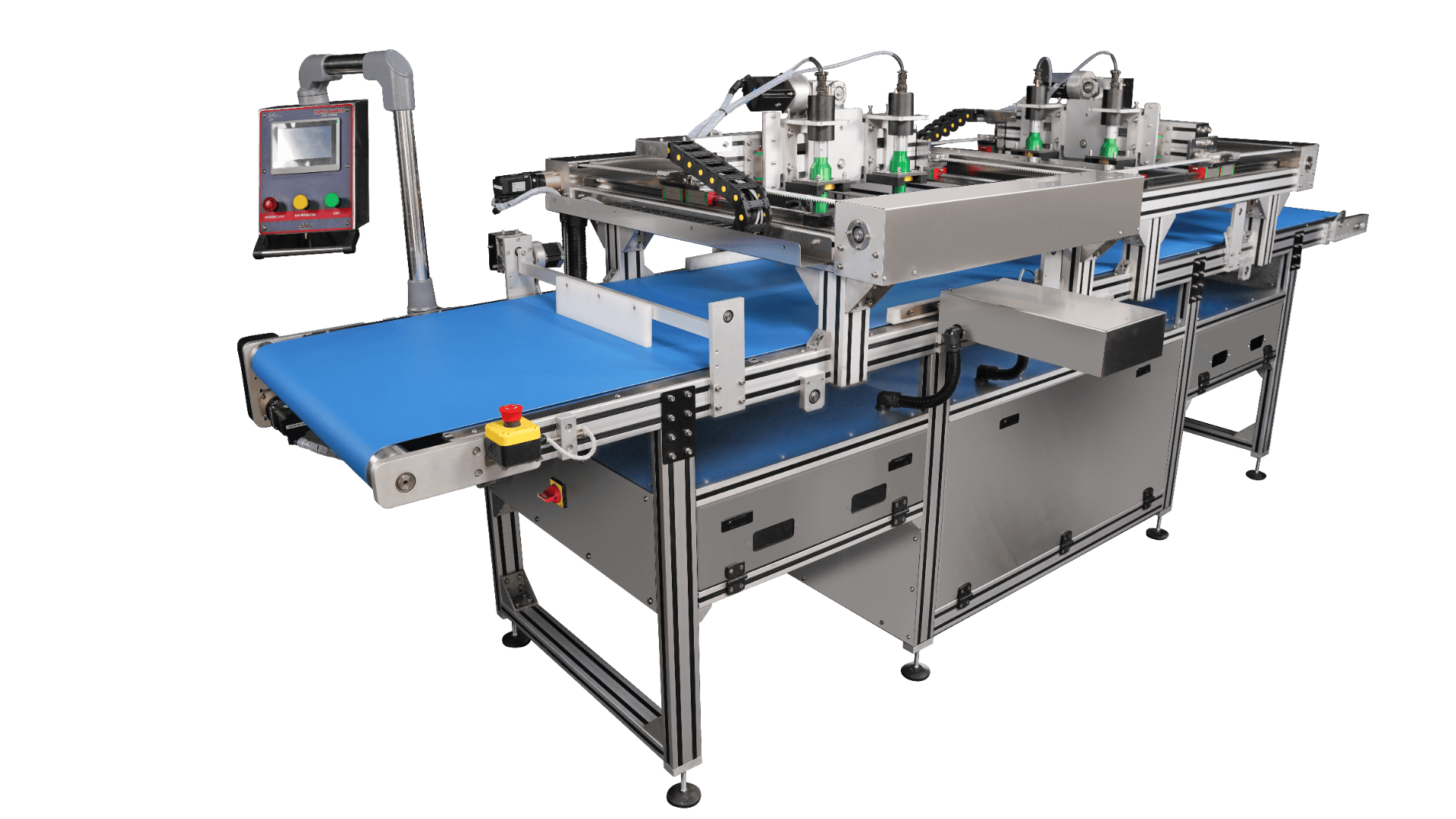 A modern automated industrial machine with a blue conveyor belt, metal frame, multiple mechanical components, and an attached control panel on the left side.