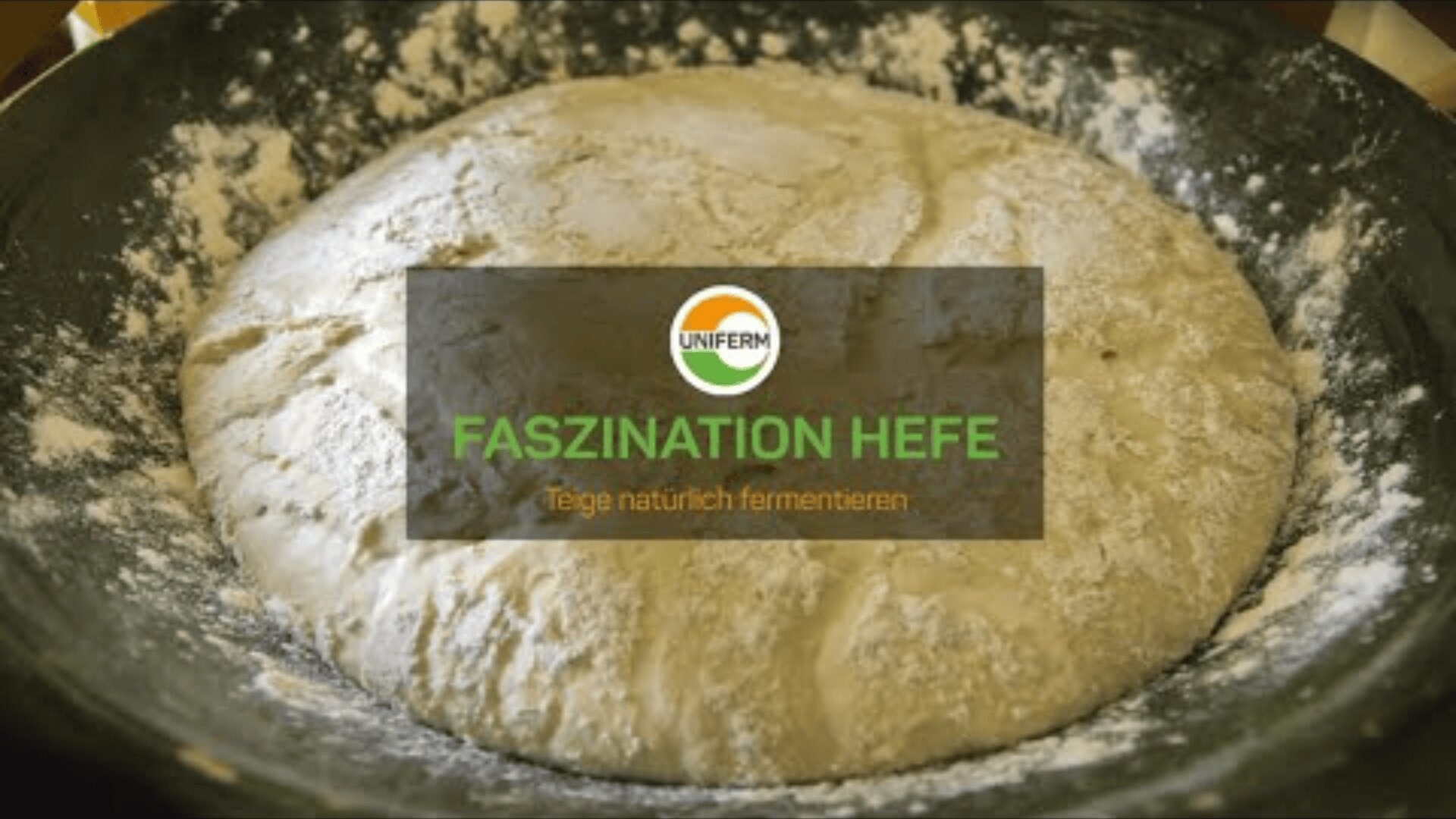 A bowl filled with risen bread dough. Overlaid text in German reads Faszination Hefe and Teige natürlich fermentieren with the UniFerm logo above the text.