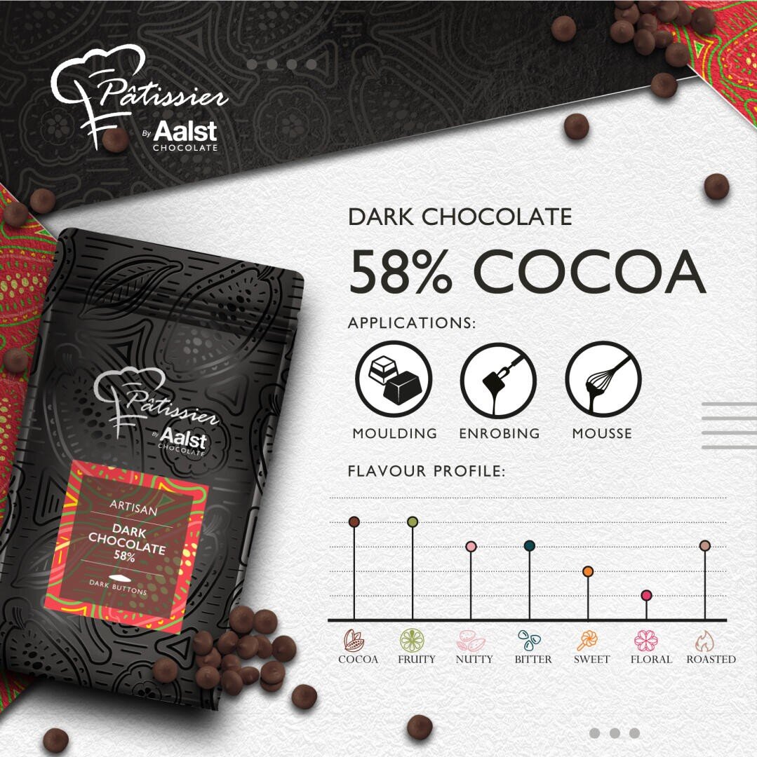 A dark chocolate bar labeled 58% cocoa is shown with chocolate pellets scattered around. Icons indicate it’s used for molding, enrobing, and mousse. A flavor profile chart highlights cocoa, nutty, and bitter notes.
