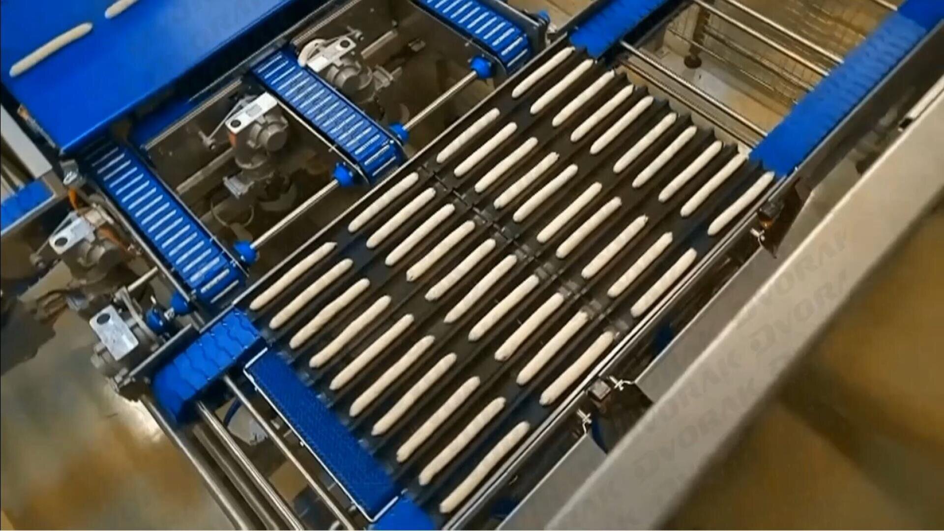 Rows of raw, elongated dough pieces are aligned on a conveyor system with blue and metal components inside a food processing or bakery factory.