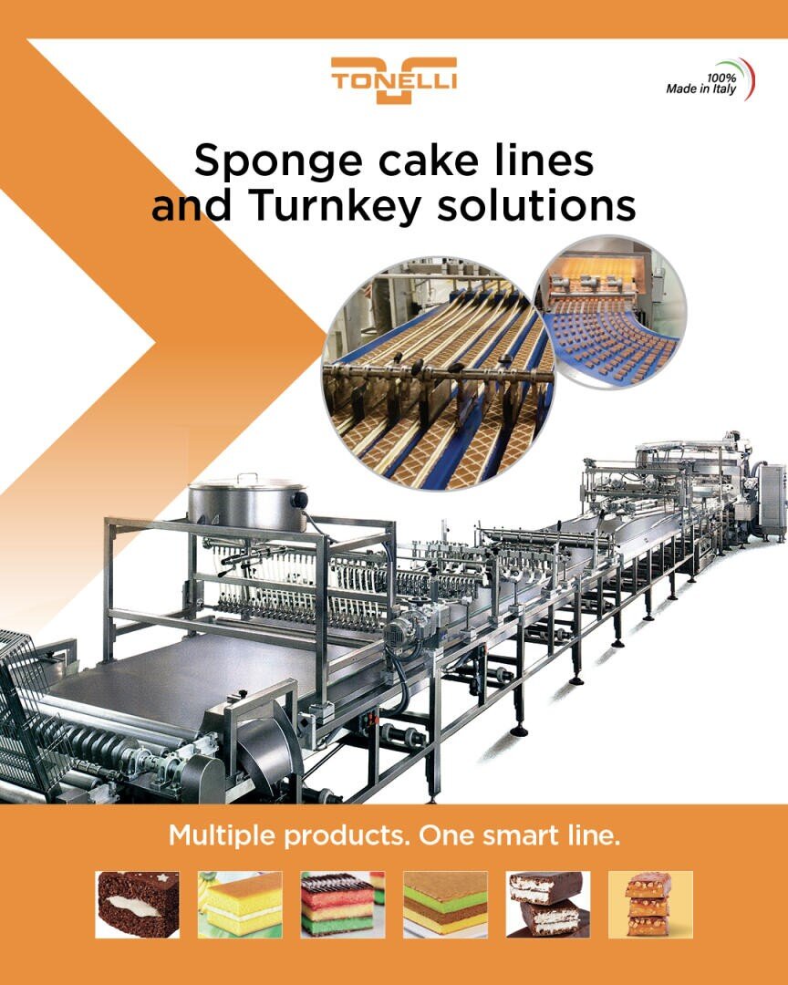 Ein Werbebild für Tonelli, das automatisierte Produktionslinien für Biskuitkuchen zeigt. Das Bild zeigt Maschinen, Kuchen auf Förderbändern und unten Beispielkuchen. Die Überschrift lautet „Biskuit-Produktionslinien und schlüsselfertige Lösungen“.