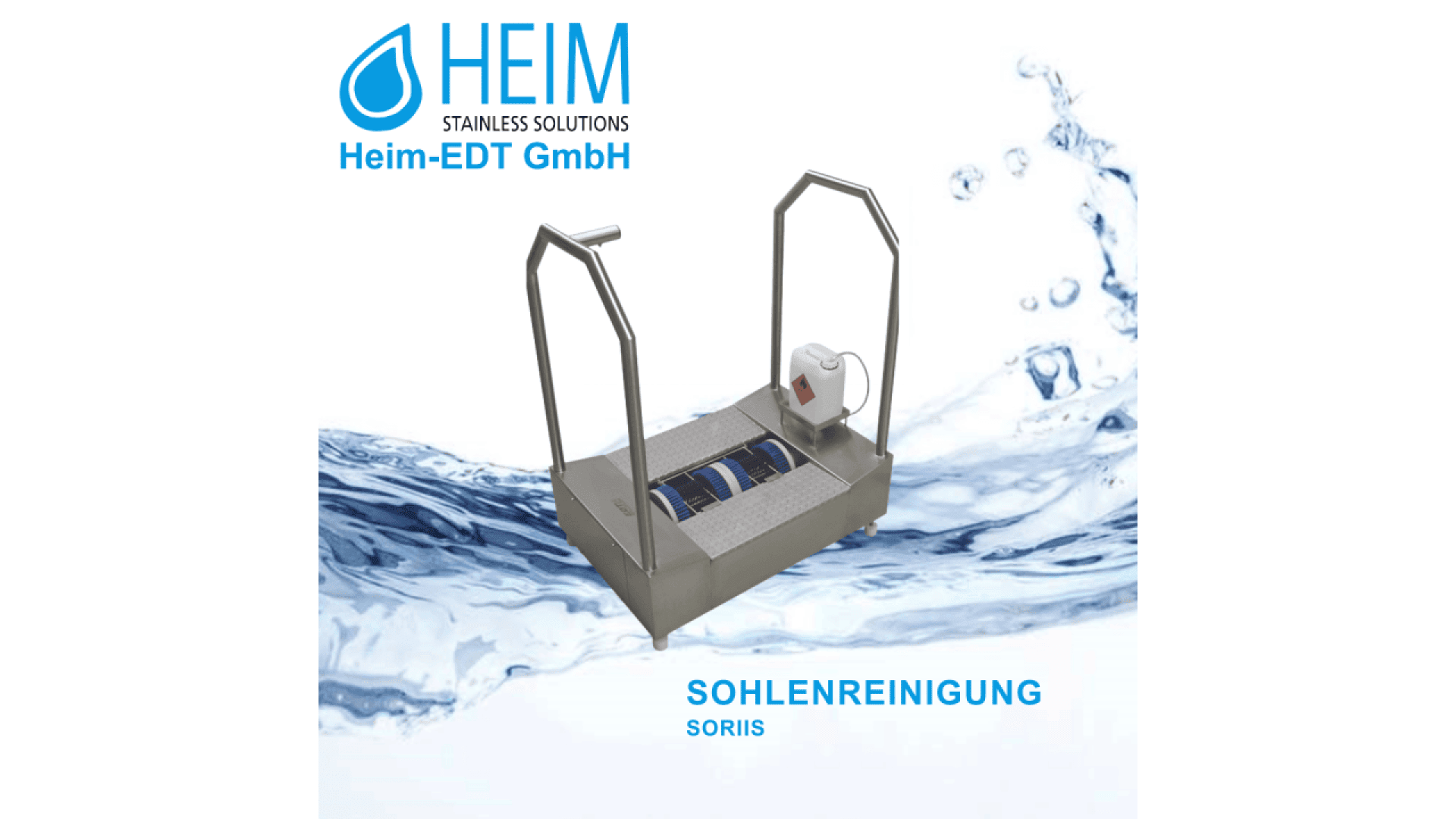 Stainless steel sole cleaning machine with rotating brushes, handlebars, and a dispenser, positioned on a water-themed background. Heim-EDT GmbH logo and SOHLENREINIGUNG (sole cleaning) text are displayed above and below the machine.