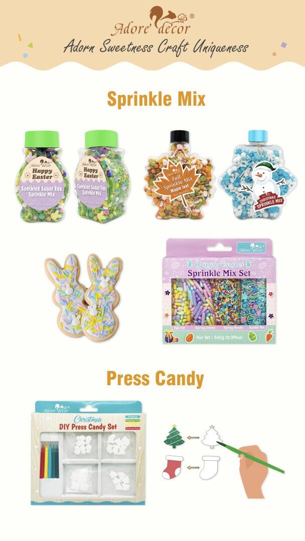 A collage of colorful baking decorations including four sprinkle mixes in jars and boxes, decorated cookies, and a DIY press candy set with molds and holiday-themed candy shapes. Text reads “Sprinkle Mix” and “Press Candy.”.