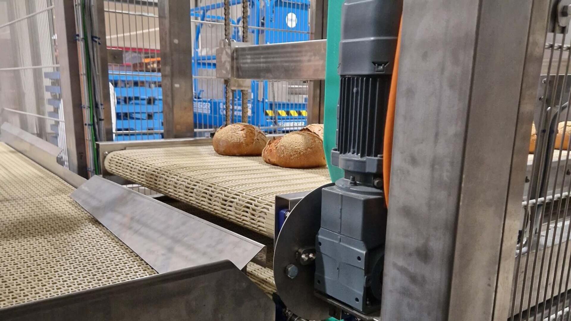 Two loaves of bread on a conveyor belt in an industrial bakery setting, with metal machinery and a motor visible in the foreground. Blue racks appear in the background behind safety barriers.
