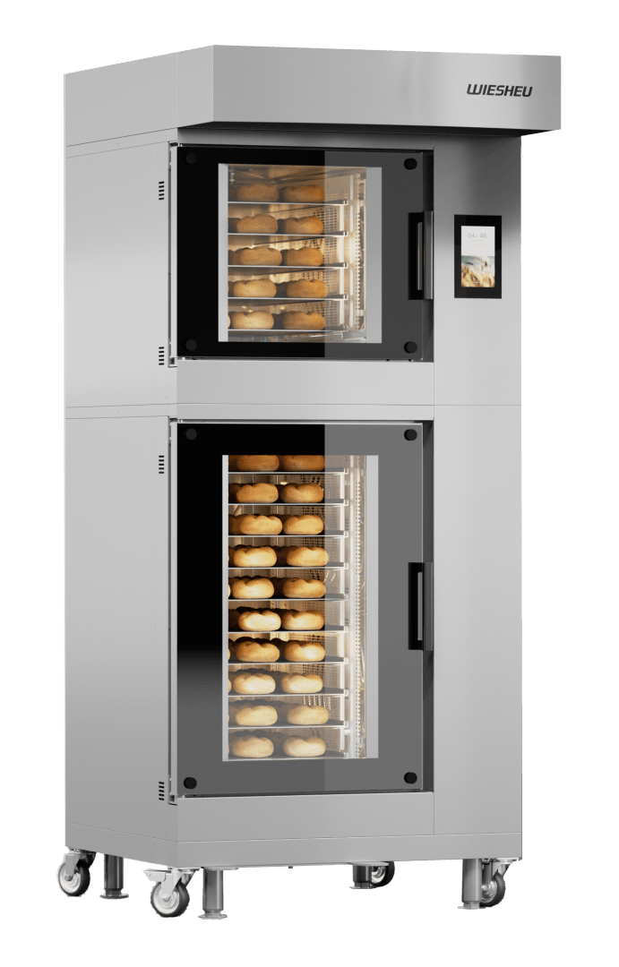 Ein großer Industrieofen aus rostfreiem Stahl mit zwei transparenten Türen, die jeweils den Blick auf die gebackenen Brötchen im Inneren freigeben. Der Ofen verfügt über eine Digitalanzeige und ist für die Mobilität auf Rädern montiert.