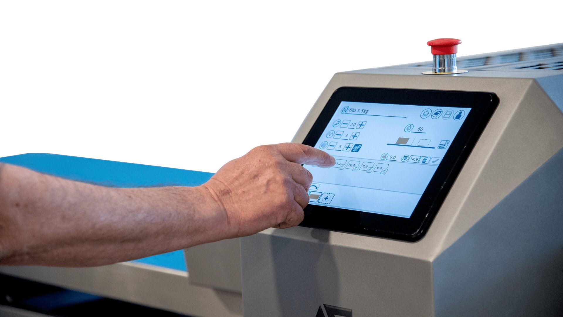 A person’s hand interacts with a touchscreen control panel on a modern industrial machine, with various icons and options displayed on the screen and a red emergency stop button visible on top.