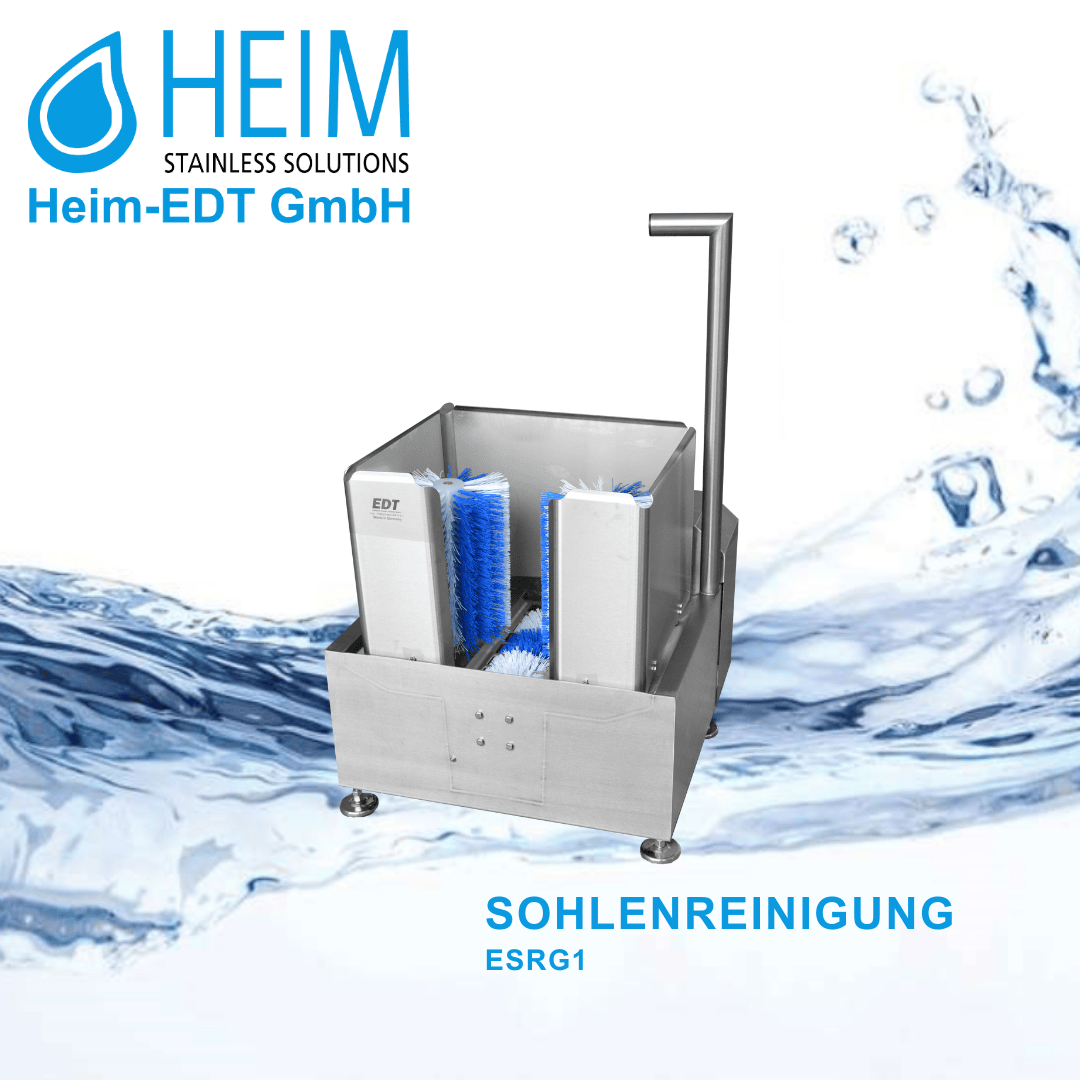 Eine Stiefelreinigungsmaschine aus rostfreiem Stahl mit blauen Bürsten, dargestellt vor einem Hintergrund mit Wasserspritzern. Das Logo der Heim-EDT GmbH und der Text SOHLENREINIGUNG ESRG1 sind sichtbar.