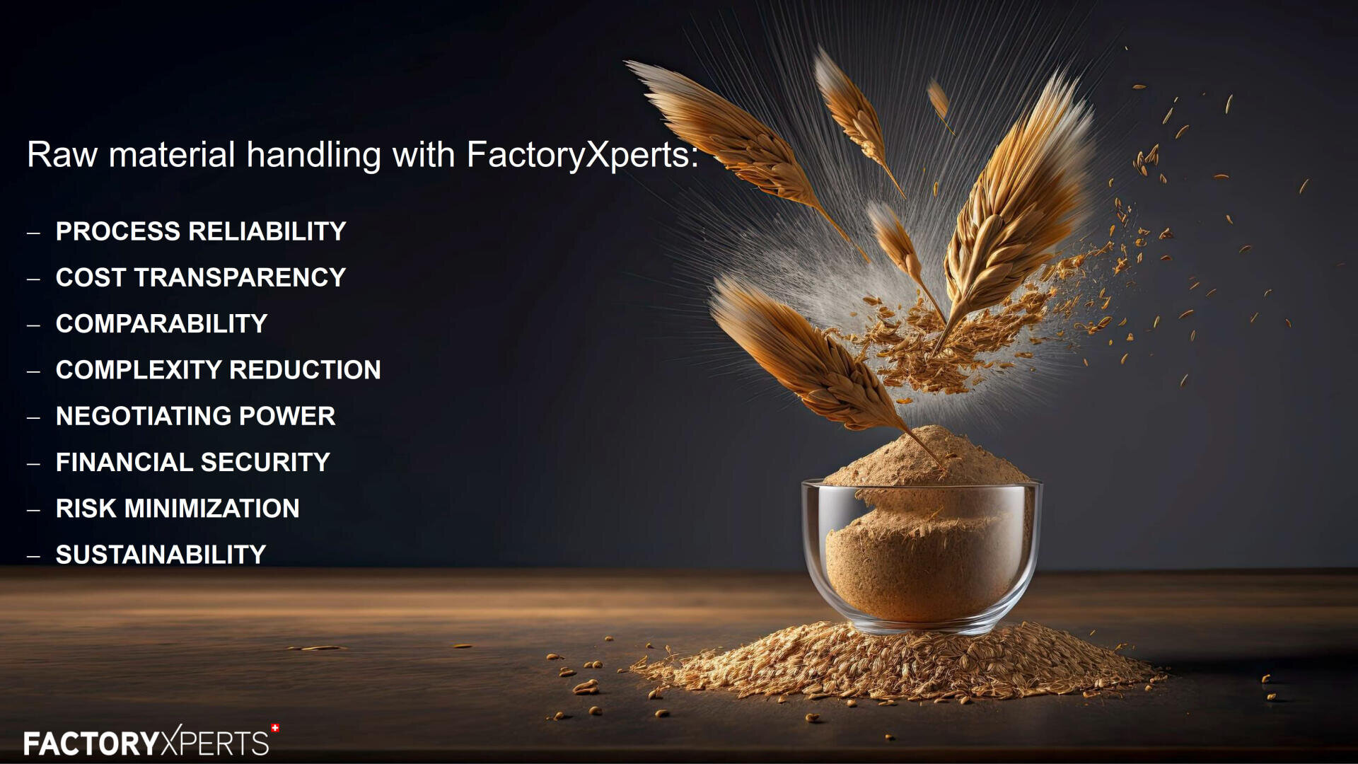 A glass bowl filled with grain powder sits on a wooden surface, with wheat stalks bursting from it. Text on the left lists benefits of raw material handling with FactoryXperts. FactoryXperts logo appears in the bottom left corner.