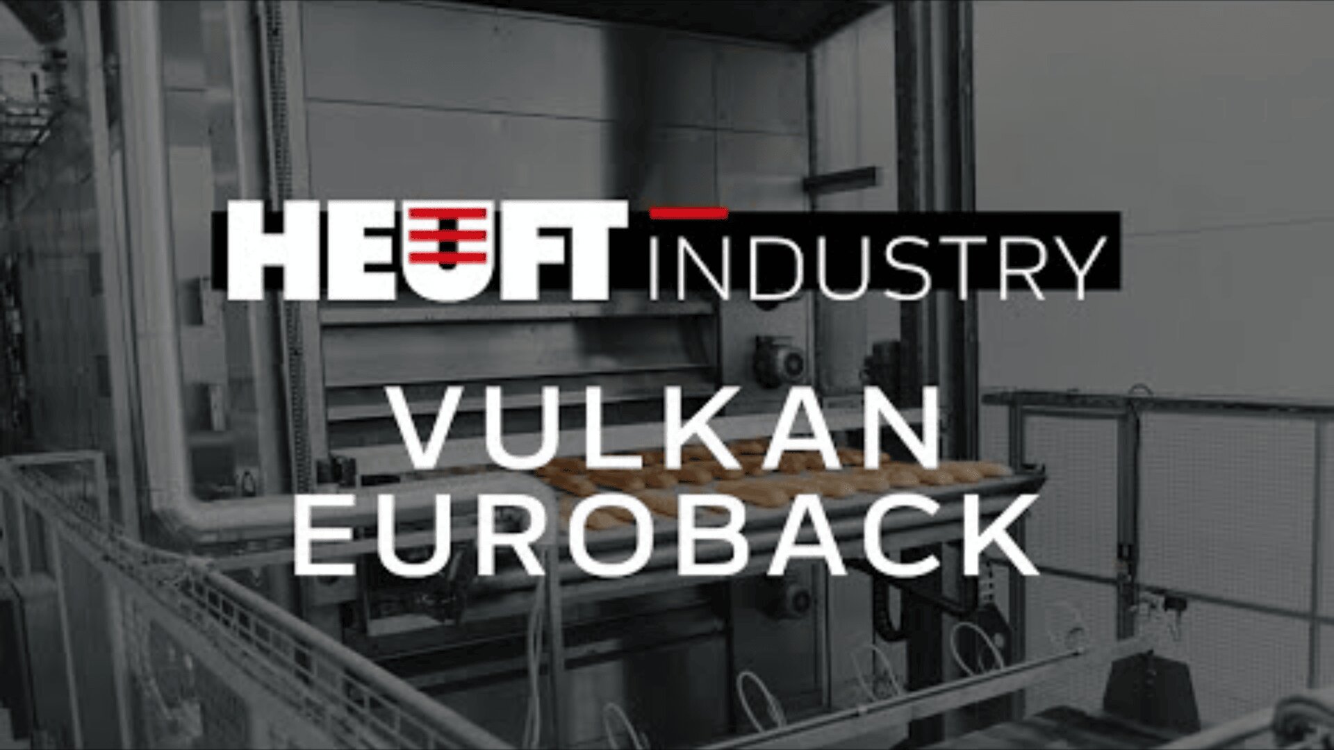 Industrial machinery with the text HEUFT INDUSTRY VULKAN EUROBACK overlaid, featuring metal equipment and a conveyor system in a factory setting.