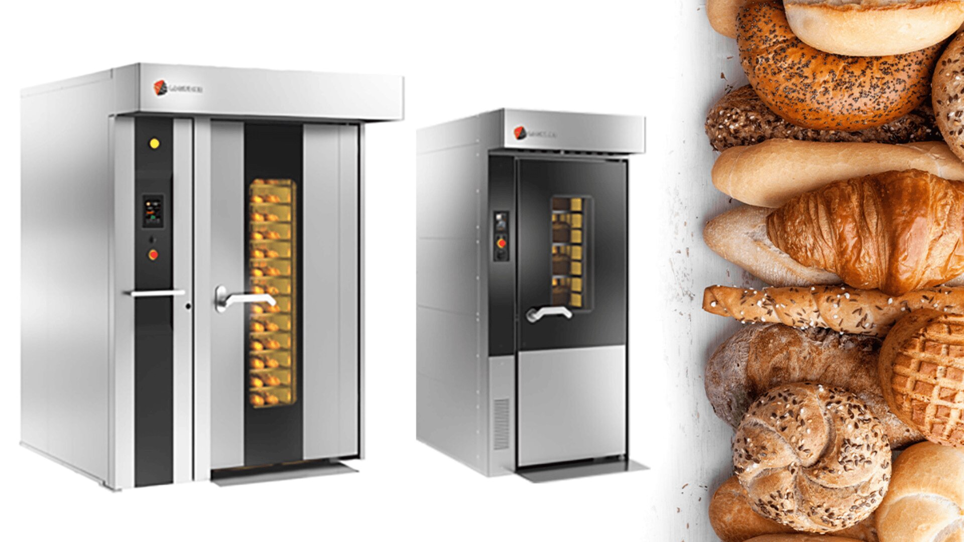 Two industrial bakery ovens are shown on the left side, with racks of baked goods inside. On the right side, there is an assortment of bread and pastries, including rolls, croissants, and loaves.