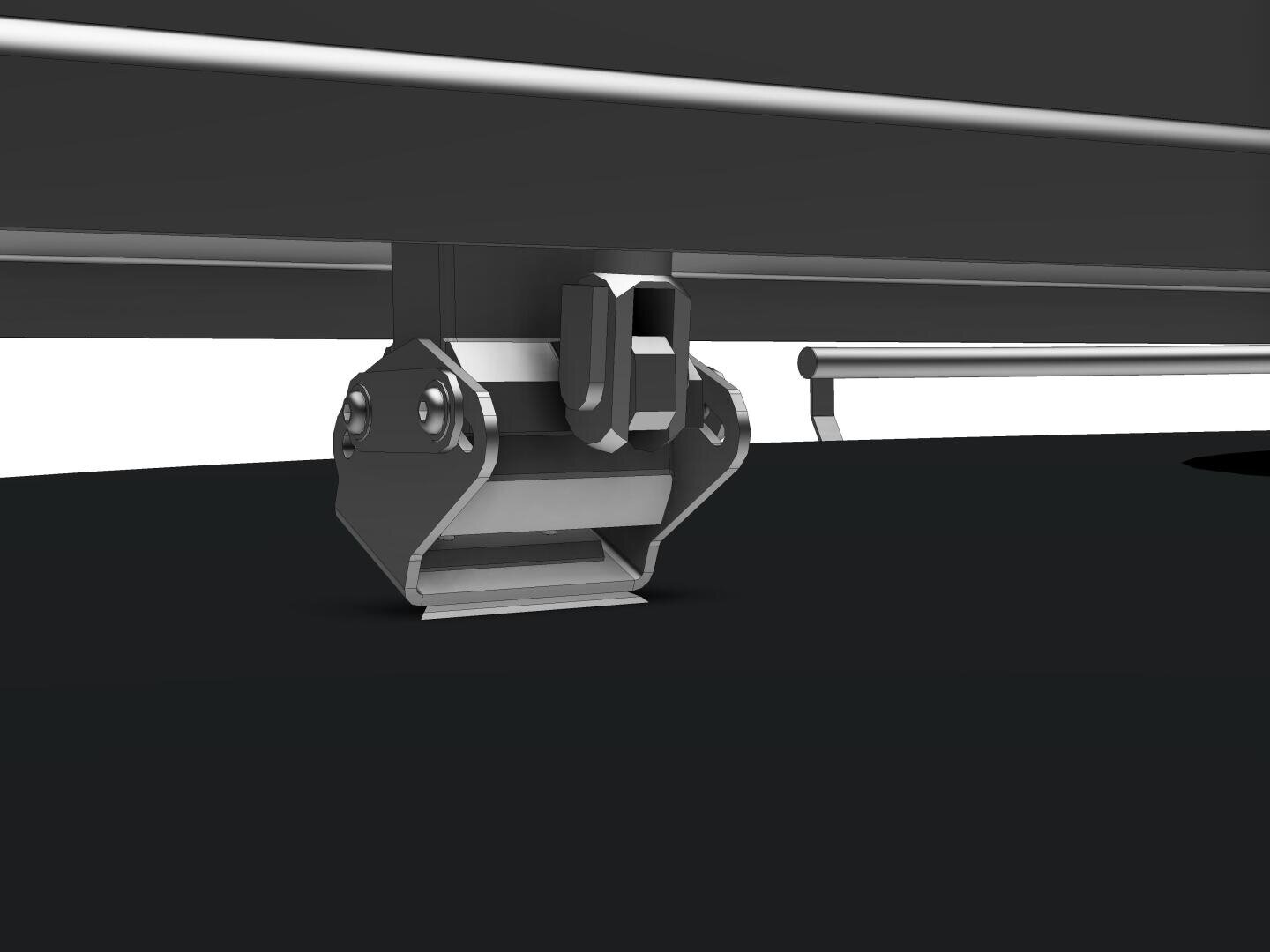 Nahaufnahme eines metallischen Rollen- oder Wagenmechanismus, der an einer Schiene befestigt ist und wahrscheinlich Teil eines industriellen oder mechanischen Systems ist. Das Bild konzentriert sich auf die detaillierten Komponenten der Baugruppe.
