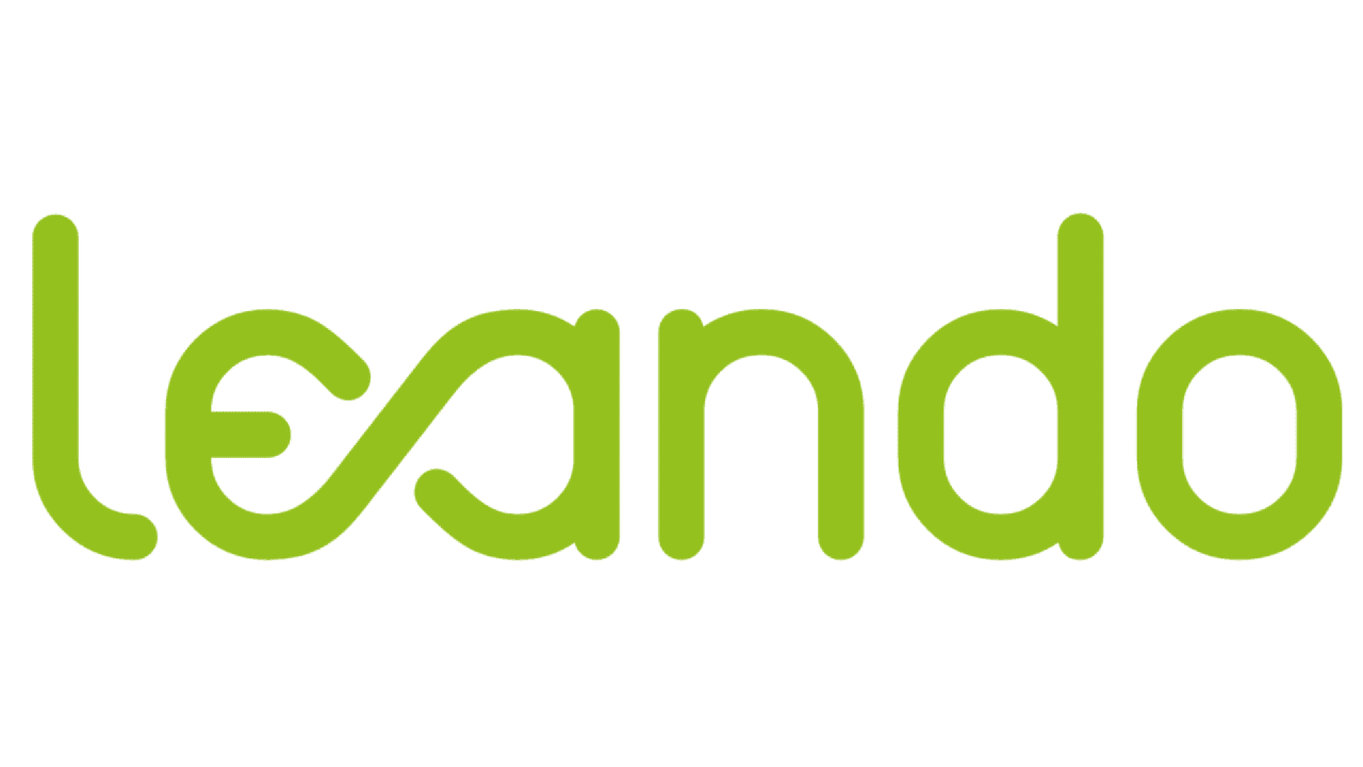 Bright green lowercase word leando in a modern, rounded font. The letter a is stylized with a continuous loop connecting to the e to suggest fluidity or infinity. The background is white.