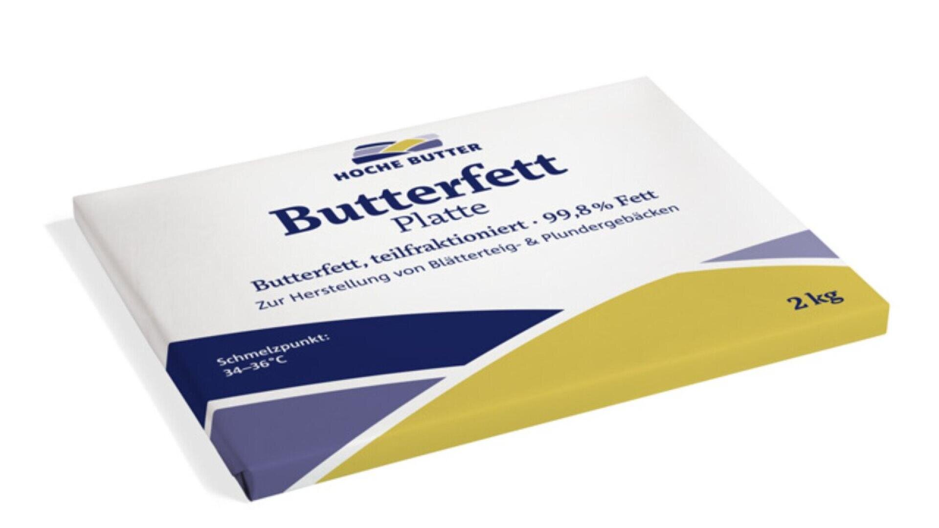 A 2 kg rectangular package of Hoche Butter Butterfett Platte featuring blue, white, and yellow colors and labeled as 99.8% fat, used for baking pastries.