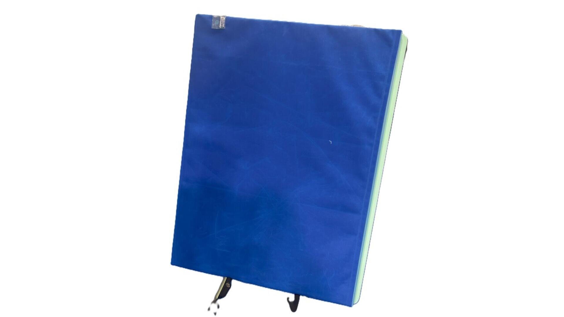 A thick, rectangular blue gym mat with a green edge, positioned upright against a white background, with black straps and handles visible at the bottom.