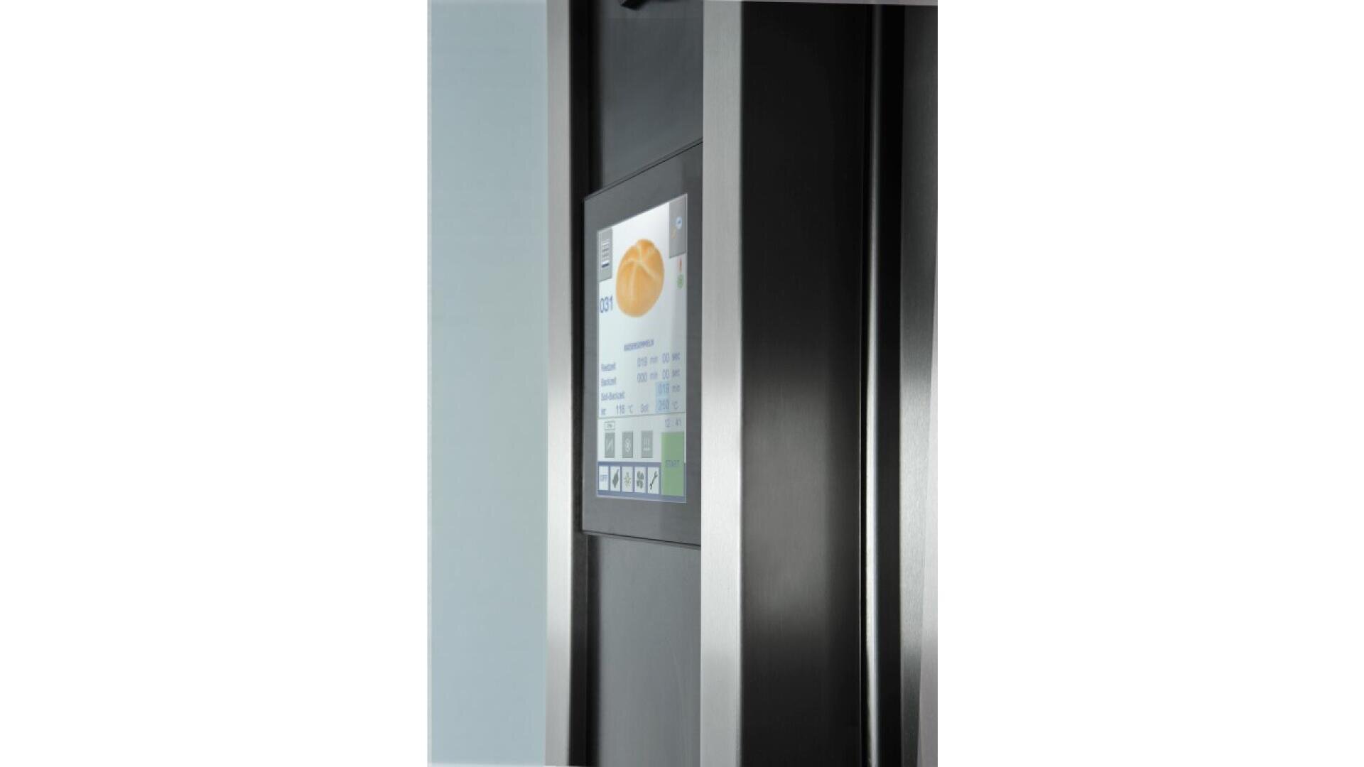 A close-up of a touchscreen display on a modern black and silver fitness or medical device, showing data and a pie chart on the screen. The background is blurred.