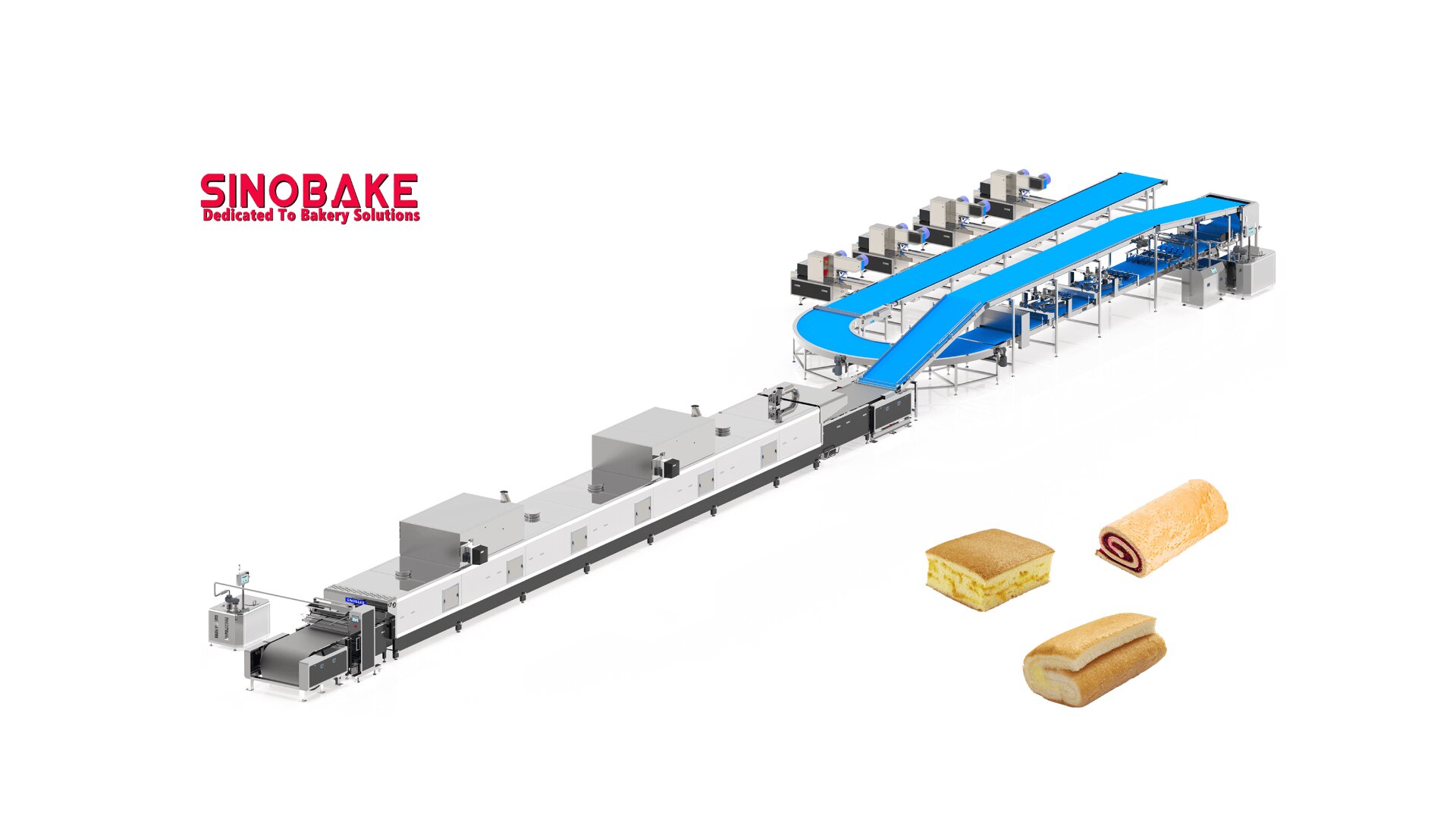 Eine große industrielle Bäckereimaschine mit blauen Förderbändern, dem SINOBake-Logo und Bildern von drei Arten von Backwaren: ein Schichtkuchen, ein gerollter Kuchen mit Füllung und ein rechteckiges Gebäck.