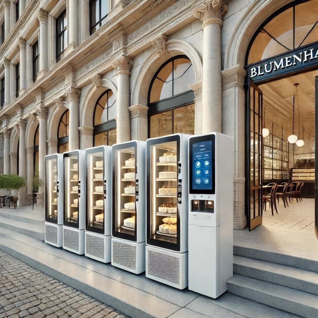 Vor einem stilvollen, historischen Gebäude mit Bogenfenstern und einem Schild mit der Aufschrift „Blumenhaus“ steht eine Reihe moderner Verkaufsautomaten mit Käse. Die Szene spielt auf einem Kopfsteinpflasterweg.