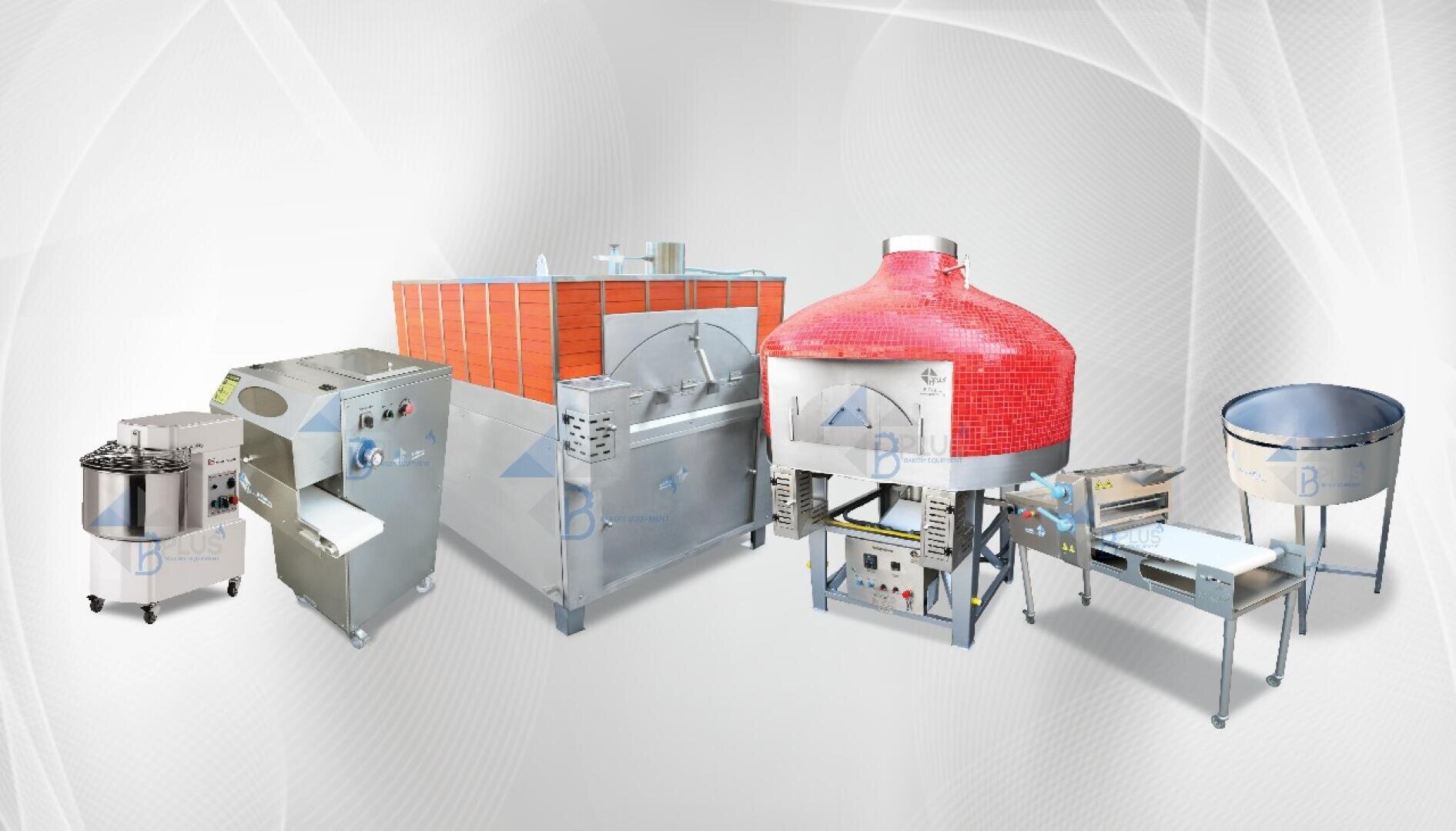A lineup of commercial baking equipment, including dough mixers, ovens, a large red pizza oven, and other stainless steel machines, displayed against a light, abstract background.