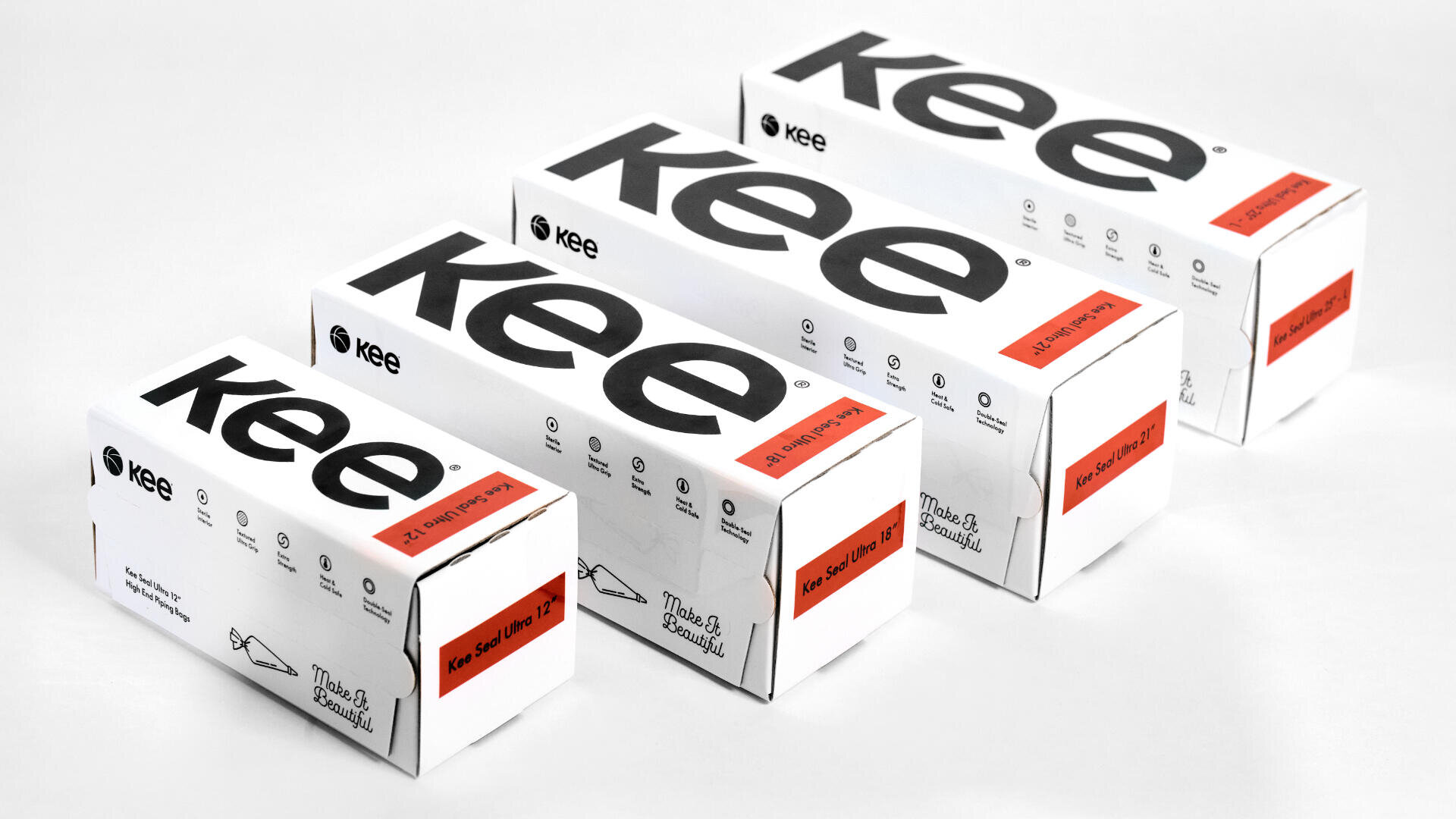 Four rectangular white boxes labeled kee in bold black letters, arranged diagonally. Each box has red accents and text describing different sizes. The design is minimal and modern, against a plain white background.