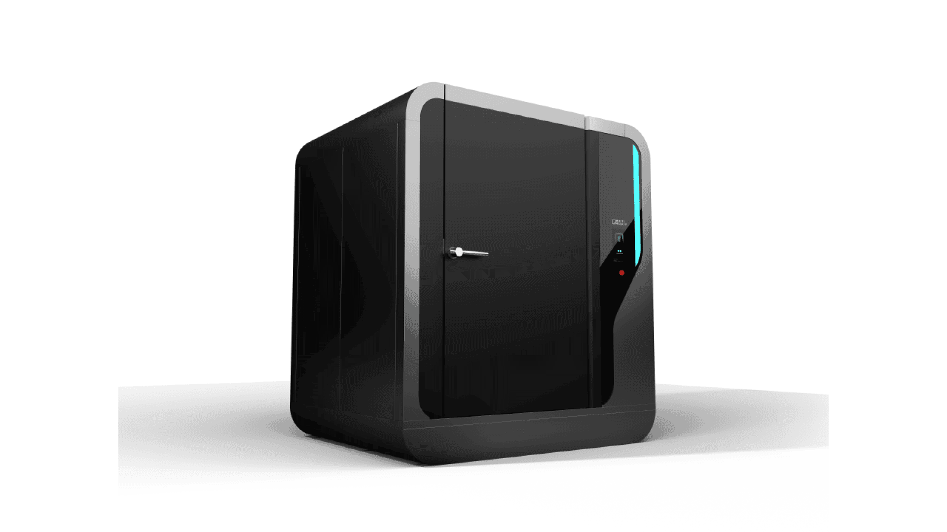 A sleek, modern black privacy pod with rounded edges, a door with a handle, and a vertical blue accent light next to a control panel, standing on a white background.