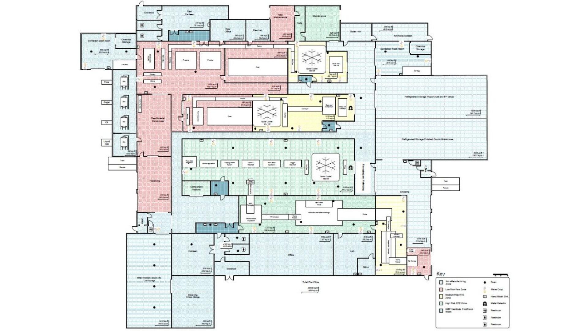 Farbcodierter architektonischer Grundriss eines Gebäudes mit verschiedenen Räumen, Fluren und Bereichen, die jeweils in unterschiedlichen Farben beschriftet und umrandet sind, mit einem Schlüssel zum Nachschlagen in der rechten unteren Ecke.