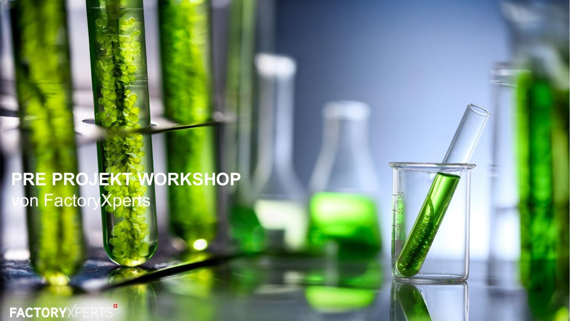 Mehrere Laborbecher und Reagenzgläser aus Glas, gefüllt mit hellgrüner Flüssigkeit und Pellets, sind ausgestellt. Auf der linken Seite steht der Text „PRE PROJEKT WORKSHOP von FactoryXperts“. Das FactoryXperts-Logo befindet sich in der unteren linken Ecke.