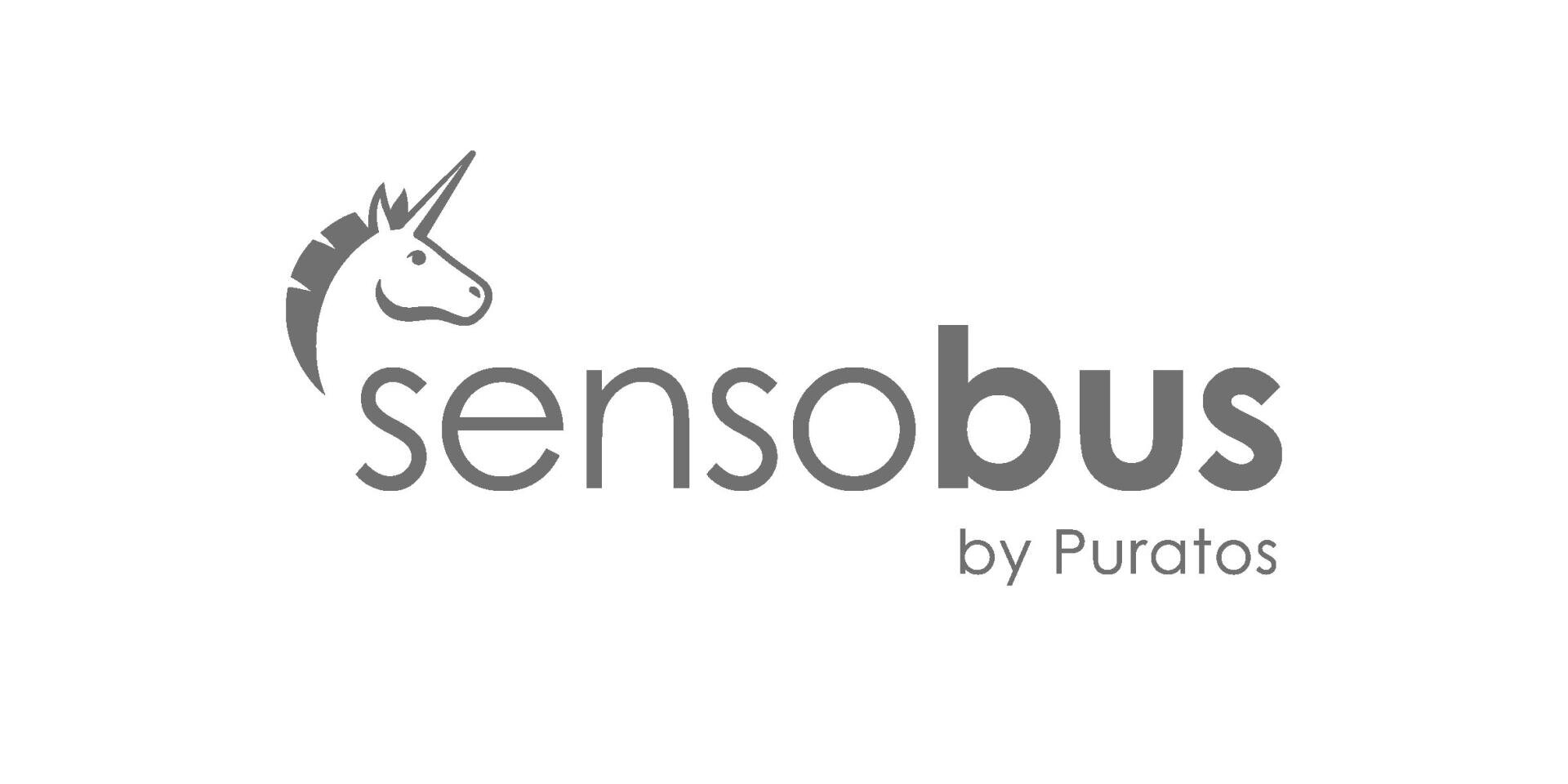 Logo with a unicorn head above the word sensobus in lowercase letters, followed by the smaller text by Puratos beneath the word bus. The image uses shades of gray.