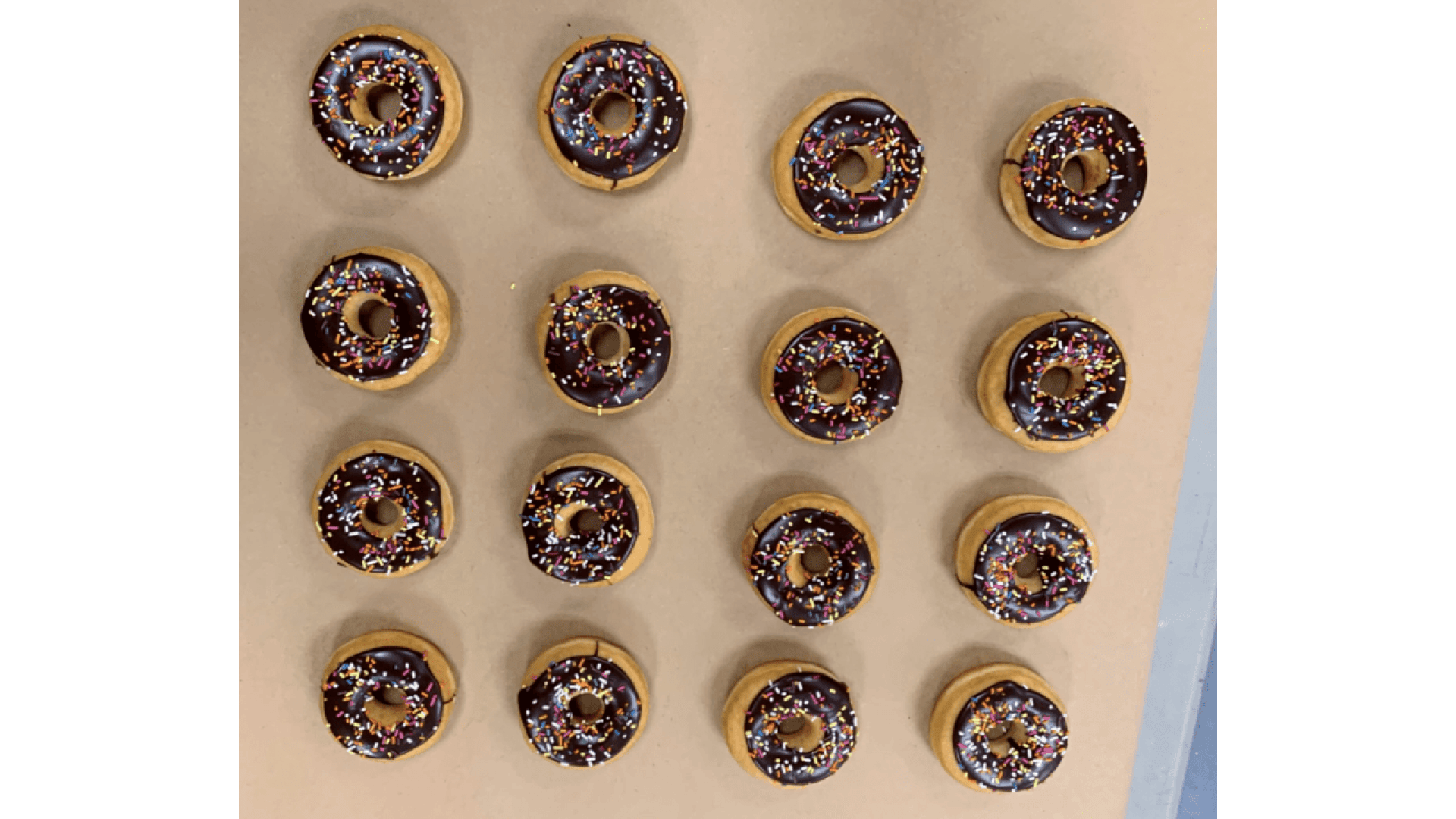 Ein Gitter aus sechzehn Donuts mit Schokoladenglasur und bunten Streuseln, fein säuberlich auf einem Blatt hellbraunem Pergamentpapier angeordnet.