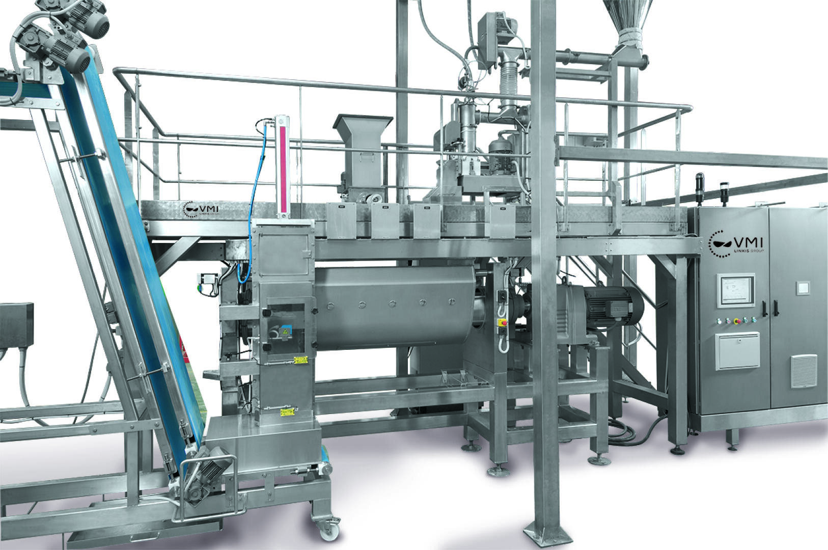 A large machine with wheels and a railing.