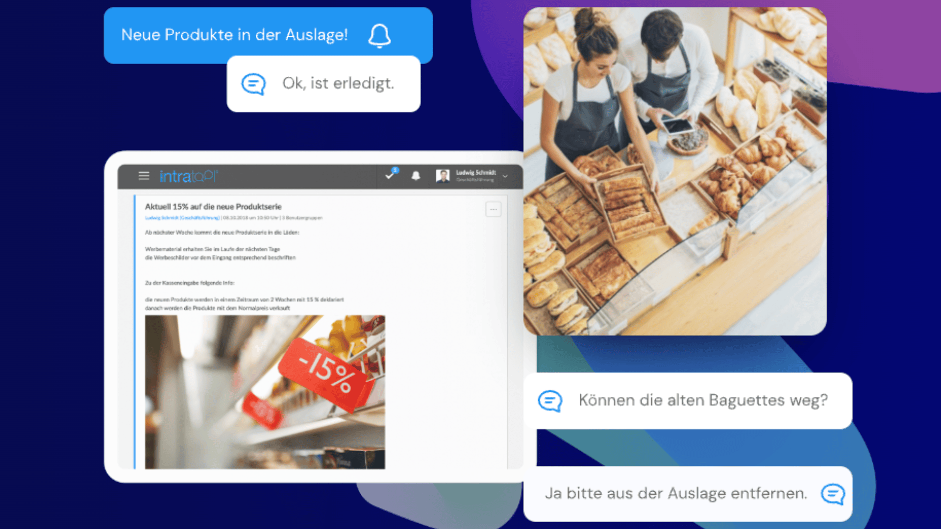 Ein Bäckereiarbeiter ordnet frisches Brot in den Regalen an. Auf der linken Seite zeigt ein Bildschirm eine Produktaktualisierung mit einem roten -15%-Rabattschild an. In blauen Sprechblasen wird über die Entfernung alter Baguettes aus der Auslage diskutiert.