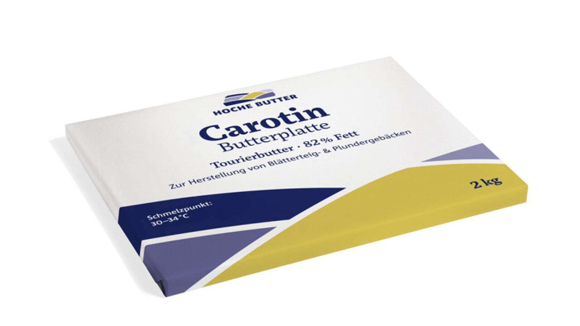 A 2 kg rectangular block of Hoche Butter Carotin Butterplatte, labeled as 82% fat and intended for pastry production, in white packaging with blue and yellow design accents.