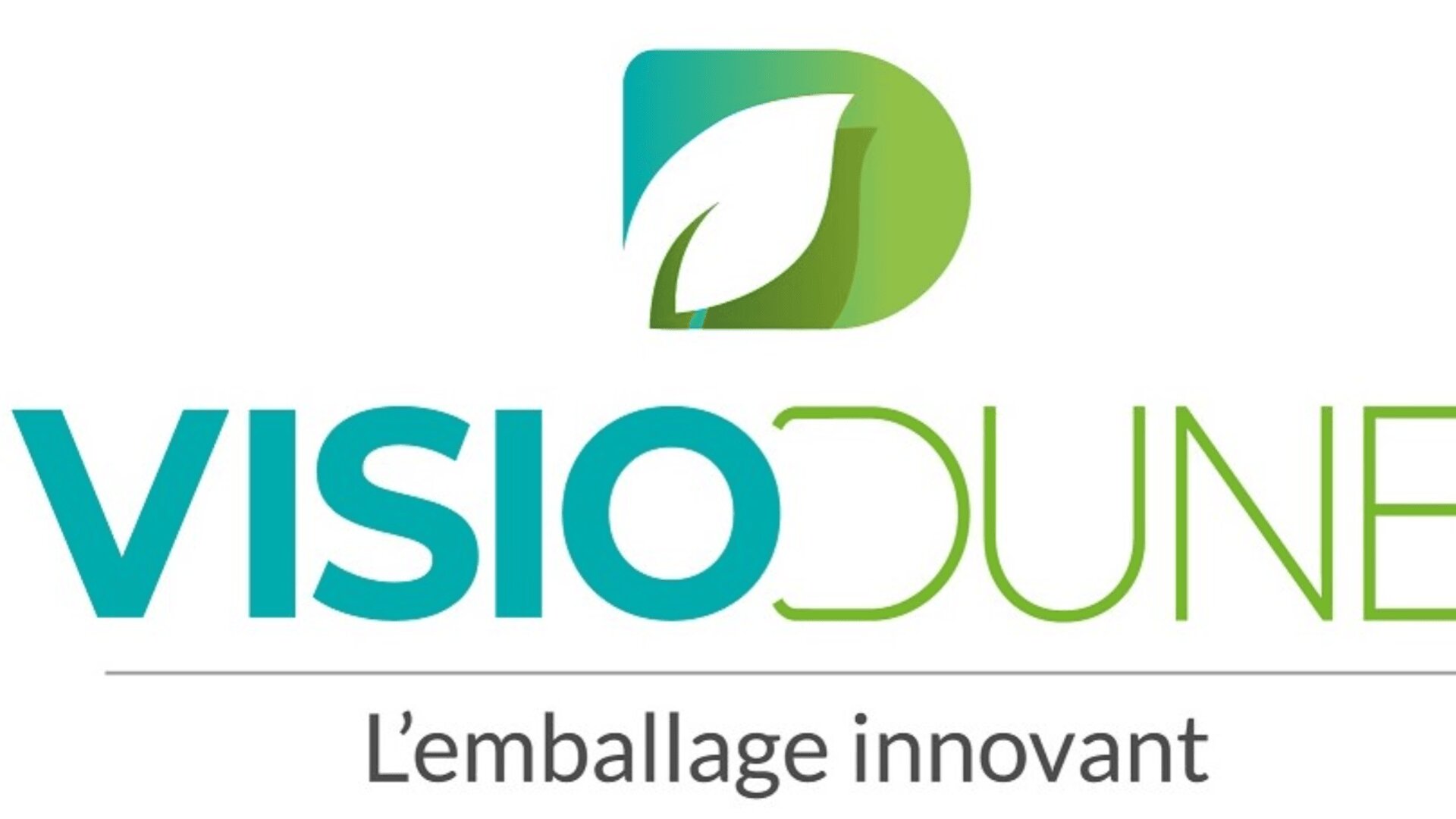 Logo with a green leaf inside a rounded square above the text “VISIODUNE” in blue and green. Below, “L’emballage innovant” is written in gray, separated by a thin gray line.