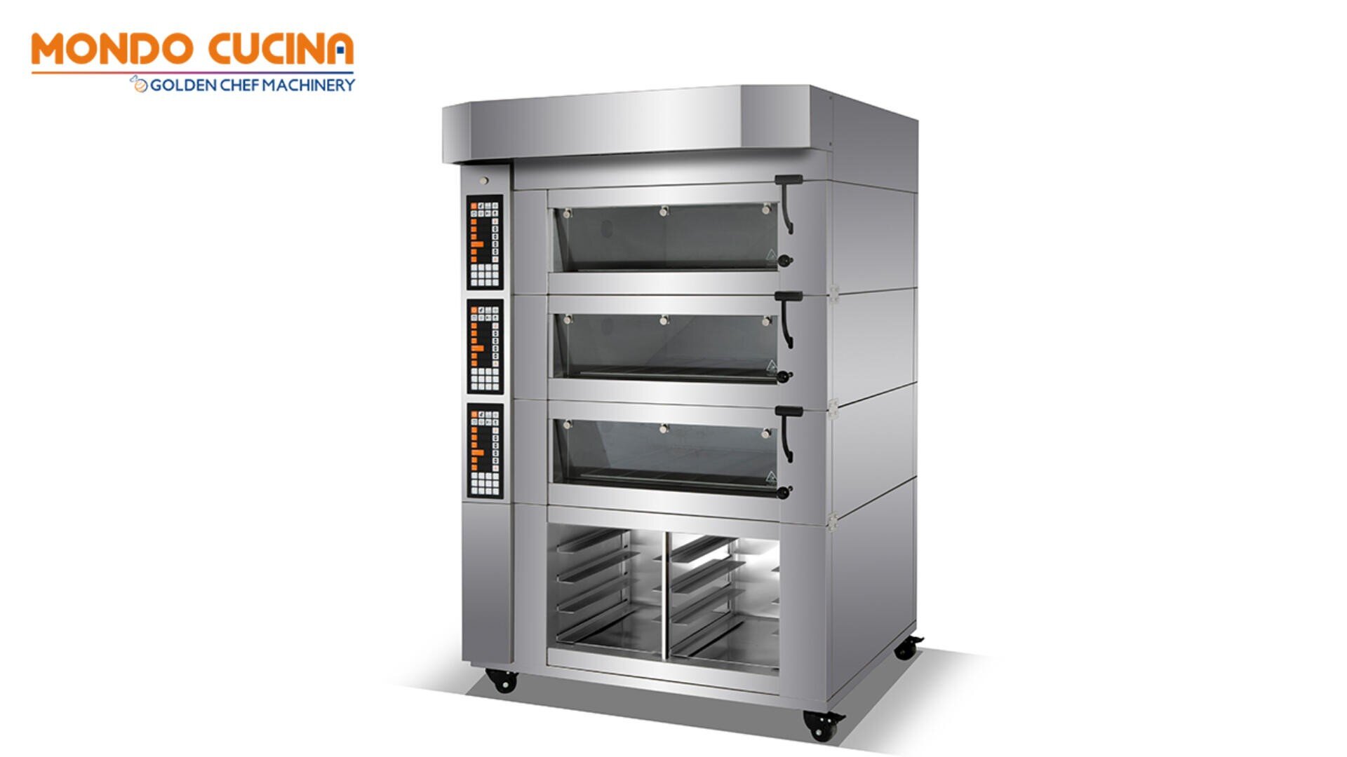 A large stainless steel commercial oven with three stacked baking chambers, digital controls on the left side, and a storage section with trays below. The MONDO CUCINA logo appears in the top left corner.
