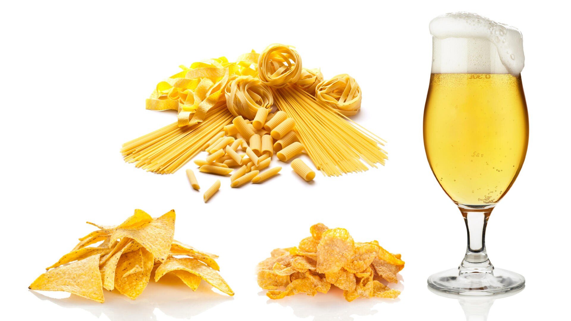 A glass of foamy beer next to assortments of uncooked pasta, tortilla chips, and cornflakes, all set against a white background.