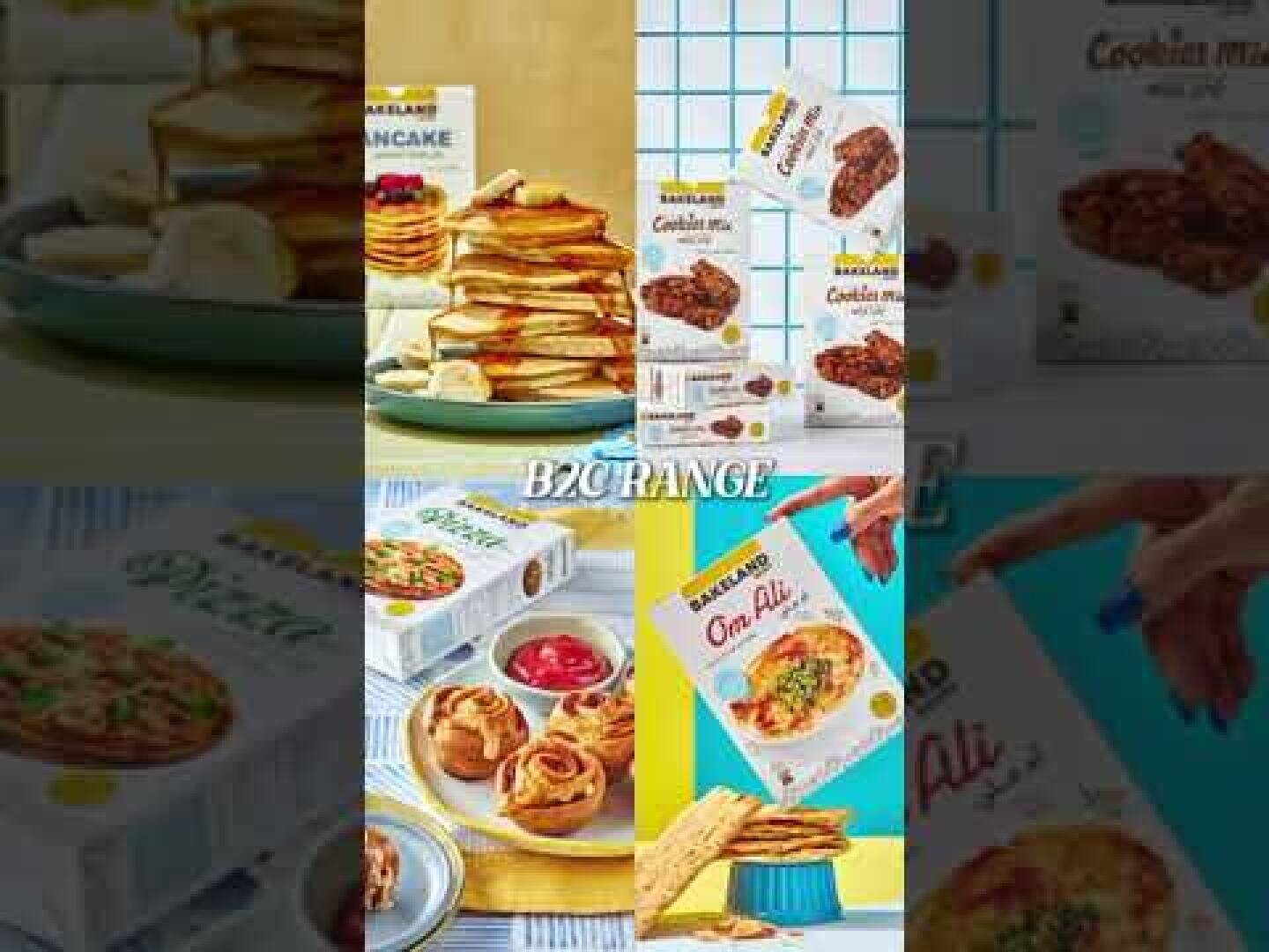 Eine Collage mit verpackten Lebensmitteln, darunter Pfannkuchenmischungen, Keksmischungen, Nudeln und Om Ali, die mit zubereiteten Lebensmitteln und Zutaten gezeigt werden, wobei in der Mitte B2C RANGE steht.