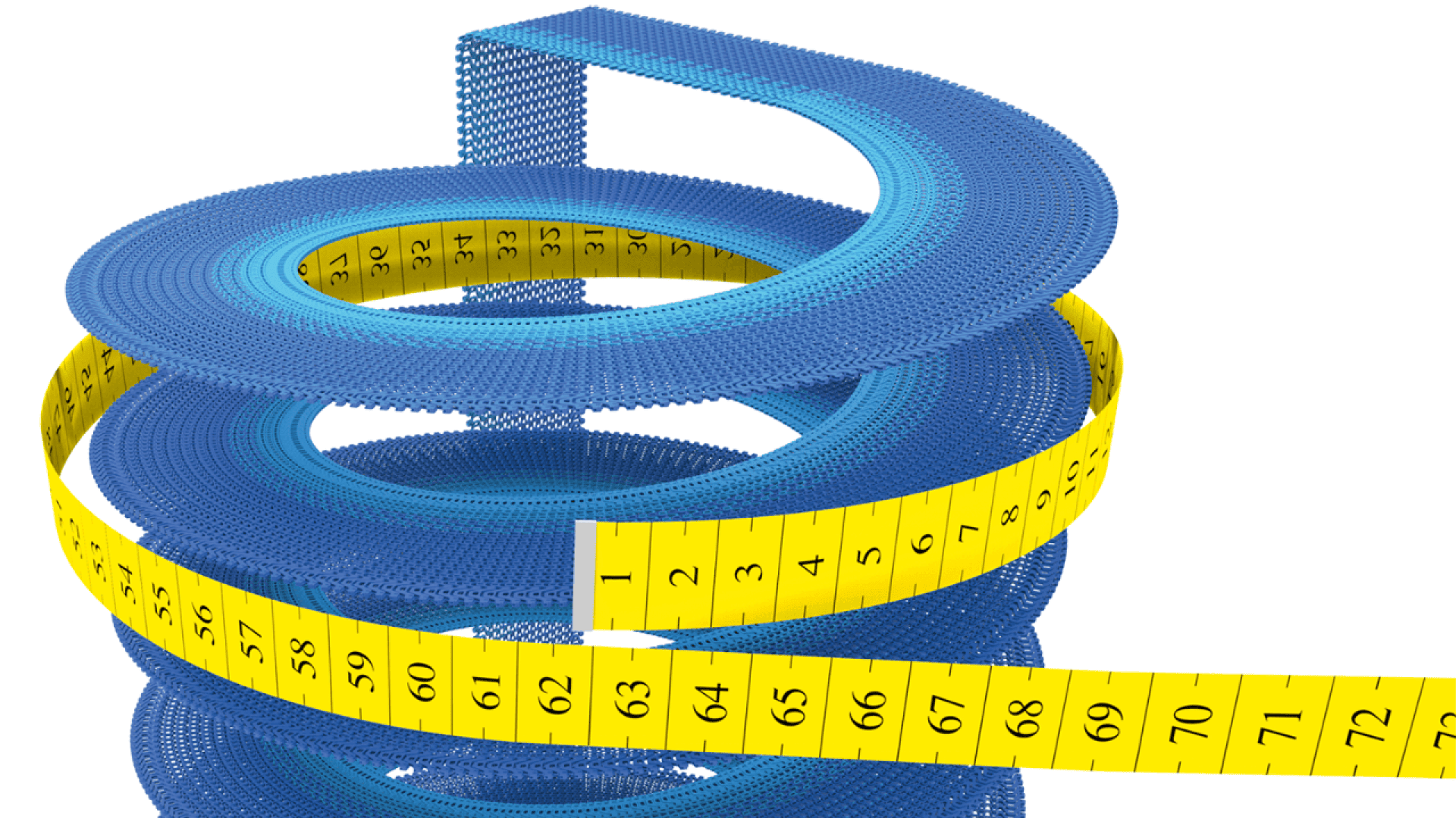 A yellow measuring tape wraps around a blue, spiral-shaped 3D structure, with the tape showing numbers in sequence as it curves upward.