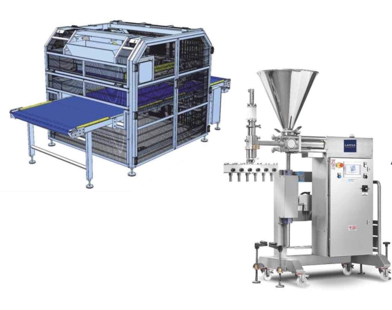 A digital illustration of an industrial conveyor oven (left) and a stainless steel food filling machine with multiple nozzles and a large hopper (right) on a white background.