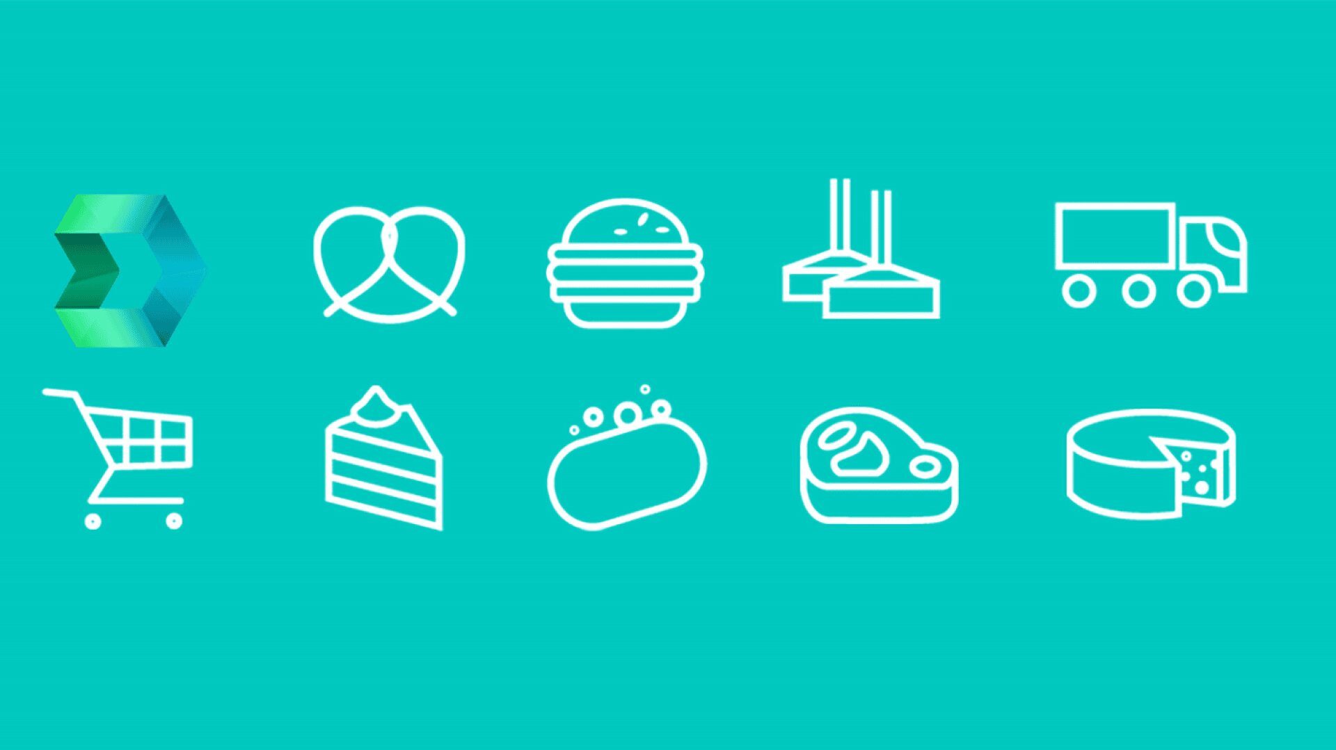 Zehn weiße Liniensymbole auf einem blaugrünen Hintergrund, die Folgendes darstellen: ein geometrisches Logo, eine Brezel, einen Hamburger, eine Fabrik, einen Lieferwagen, einen Einkaufswagen, ein Stück Kuchen, eine Seife, ein Steak und ein Käserad.